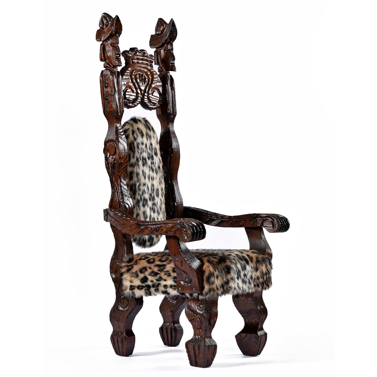 Mid-20th Century Hand Carved High Back Witco Tiki Throne King Chairs in Faux Leopard Fur For Sale