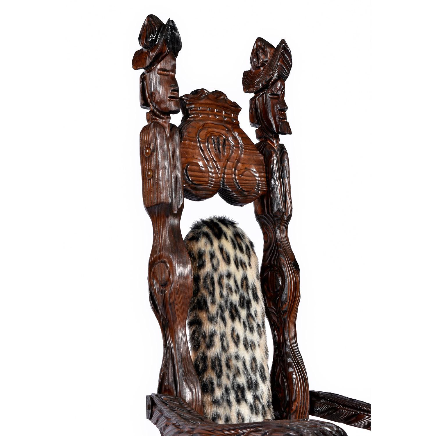 Cedar Hand Carved High Back Witco Tiki Throne King Chairs in Faux Leopard Fur For Sale