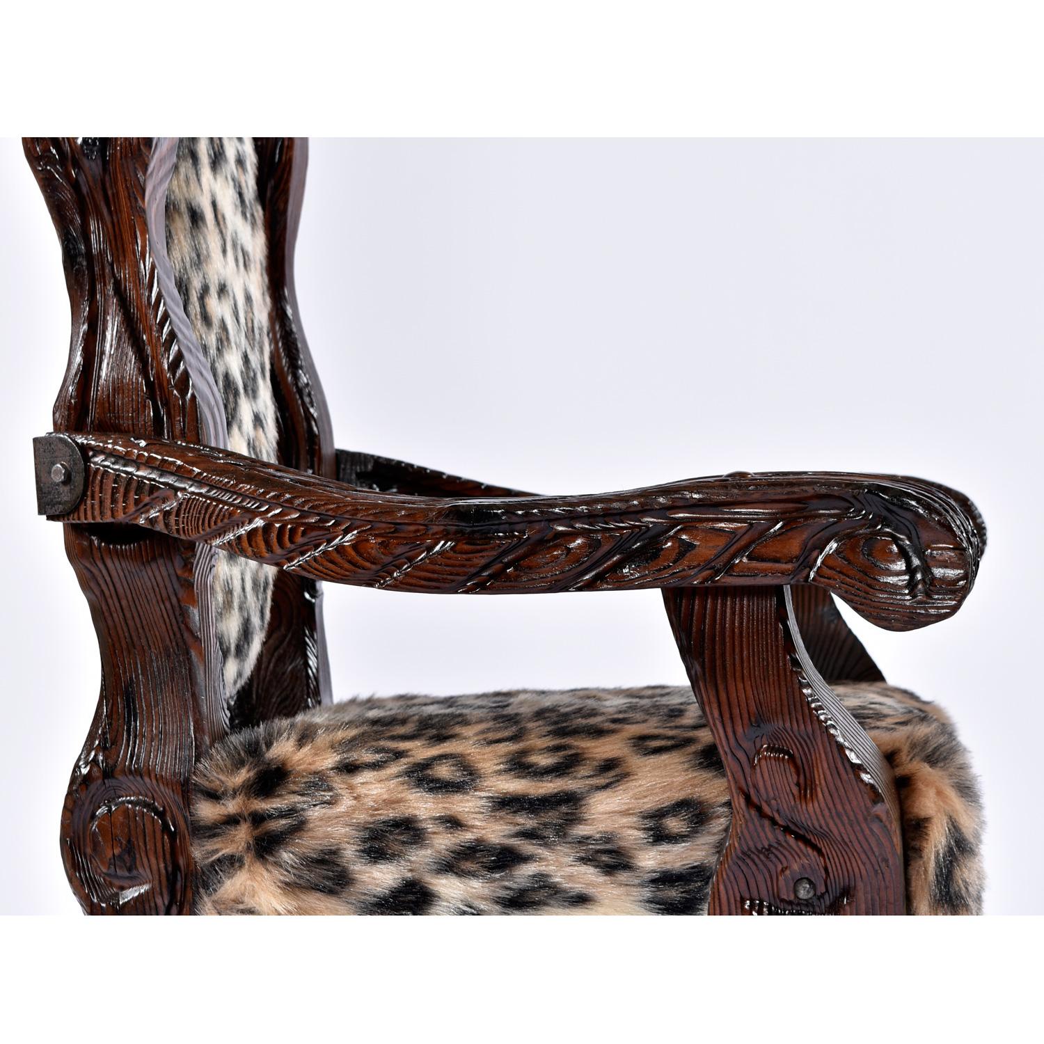 Hand Carved High Back Witco Tiki Throne King Chairs in Faux Leopard Fur For Sale 1