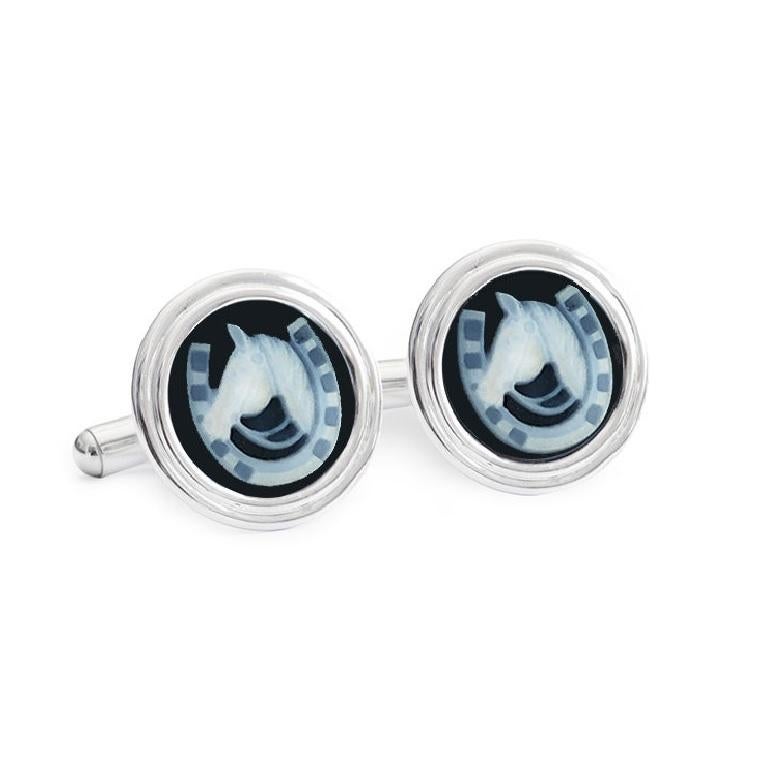 These exquisite pair of contemporary horse shoe agate cameo carving cufflinks made in sterling silver is delight for the wearer! Hand-carved in the relief of a natural agate these unisex gemstone cufflinks are a contemporary expression for the