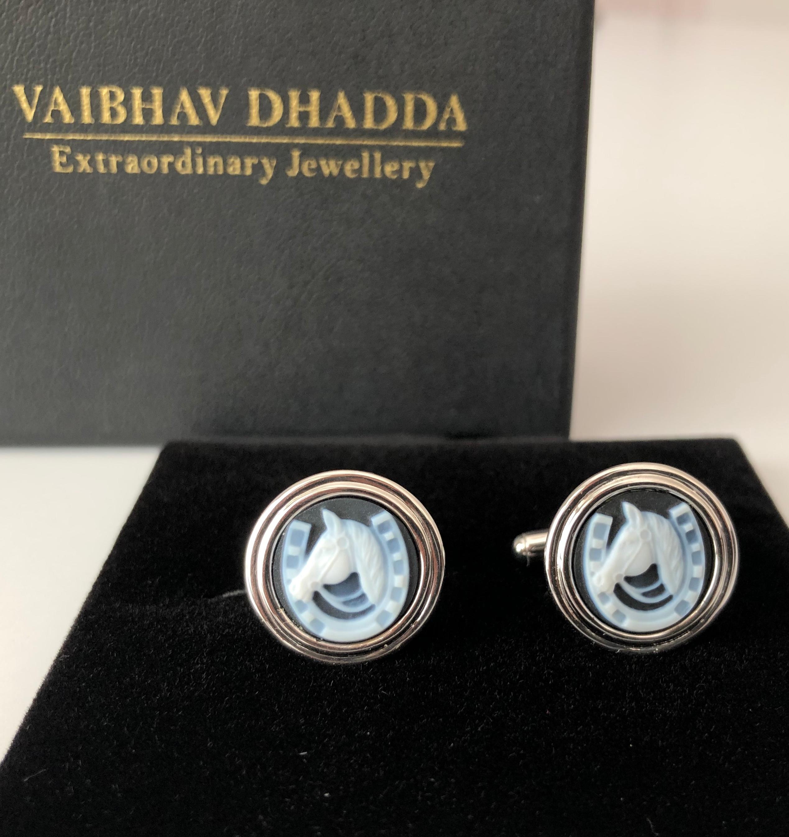 Round Cut Hand-Carved Horse-Shoe Agate Cameo Sterling Silver Contemporary Cufflinks