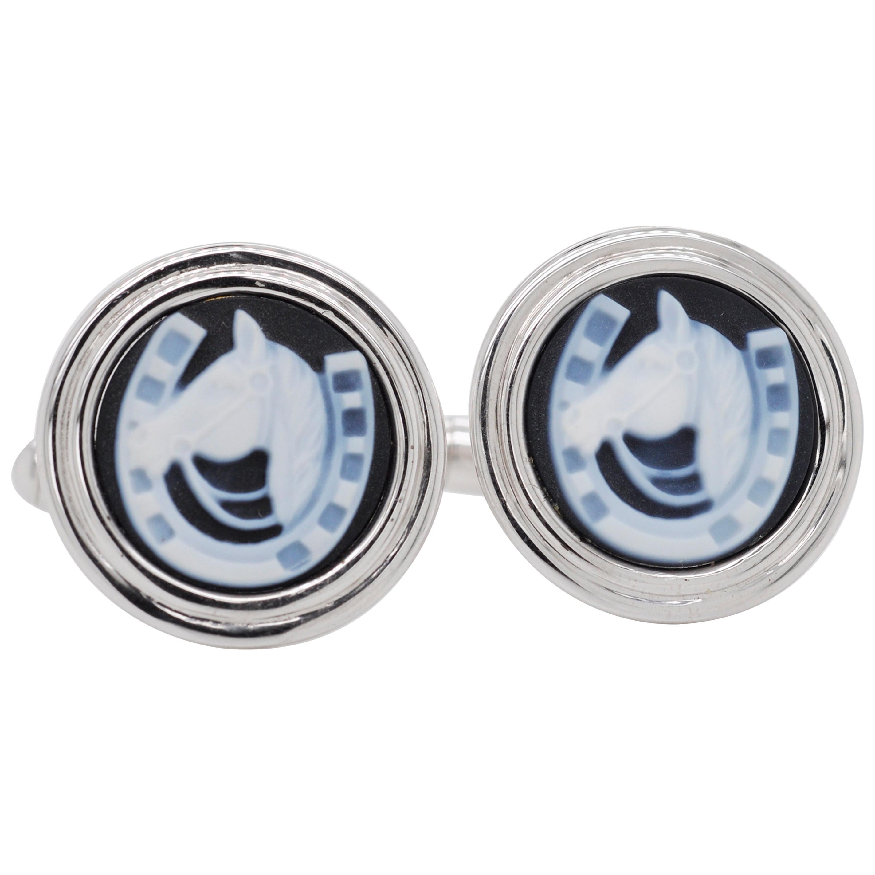 Hand-Carved Horse-Shoe Agate Cameo Sterling Silver Contemporary Cufflinks For Sale