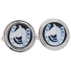 Hand-Carved Horse-Shoe Agate Cameo Sterling Silver Contemporary Cufflinks
