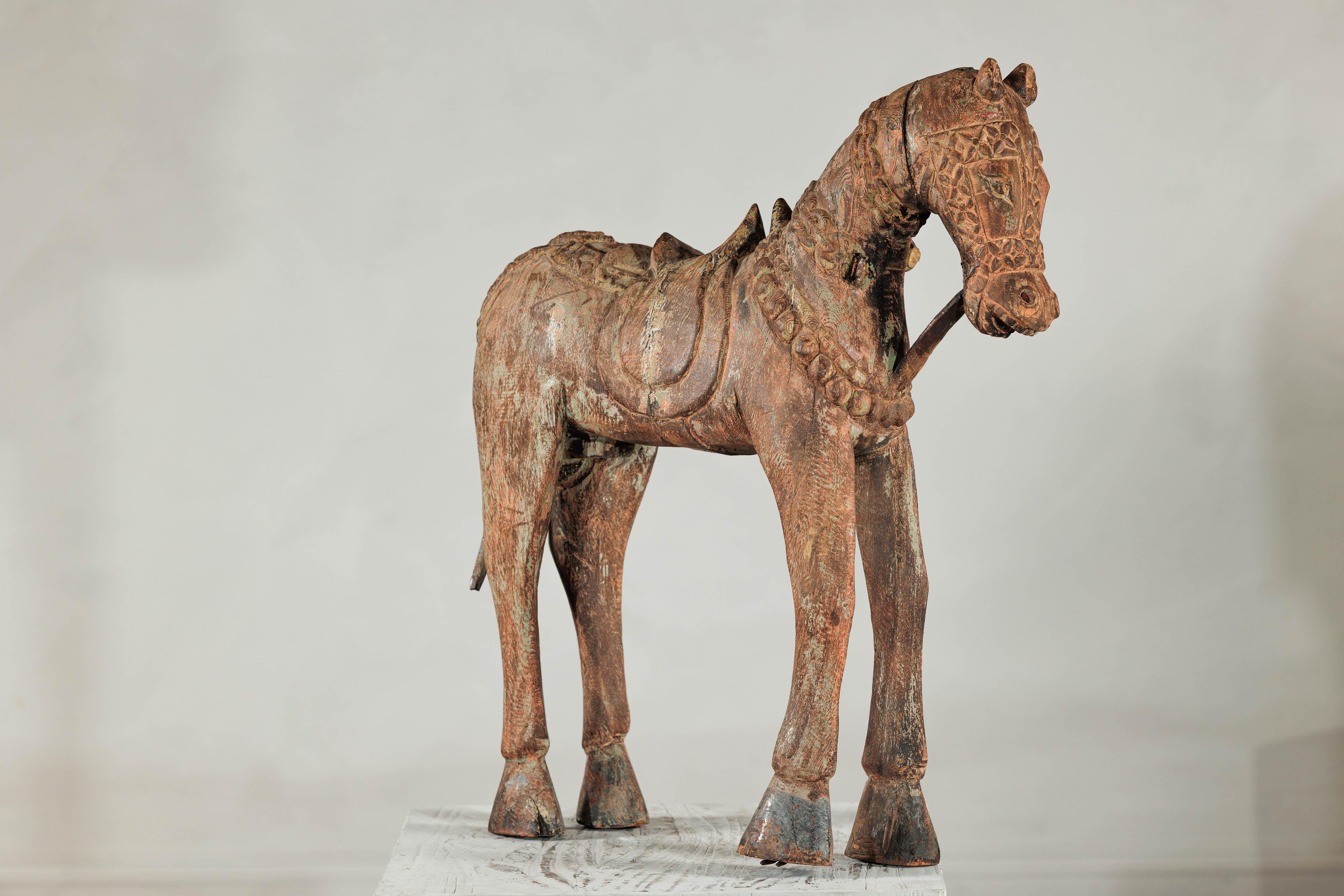 Hand-Carved Indian Painted Wood Horse Sculpture with Geometric Details For Sale 6