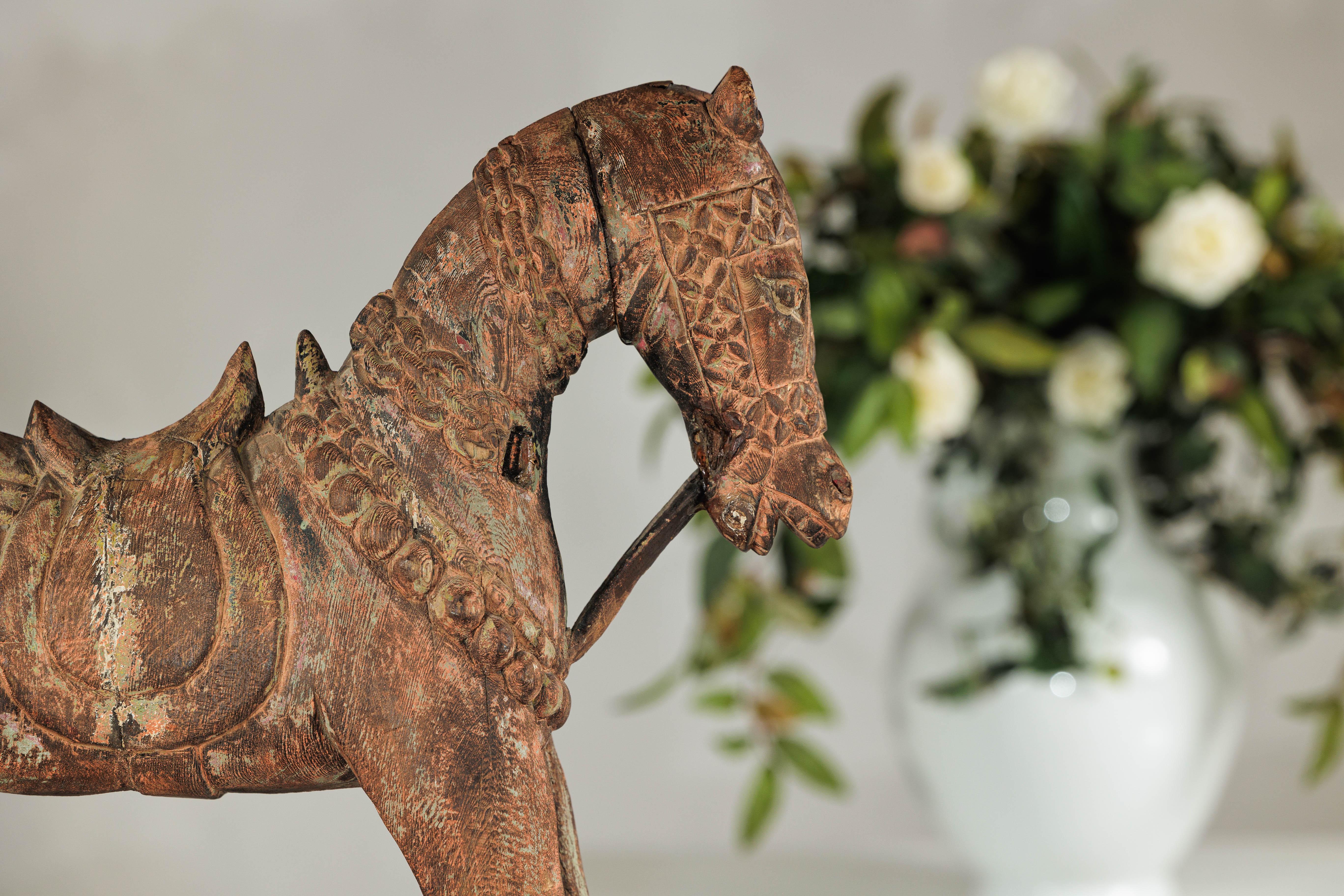 Hand-Carved Indian Painted Wood Horse Sculpture with Geometric Details For Sale 7