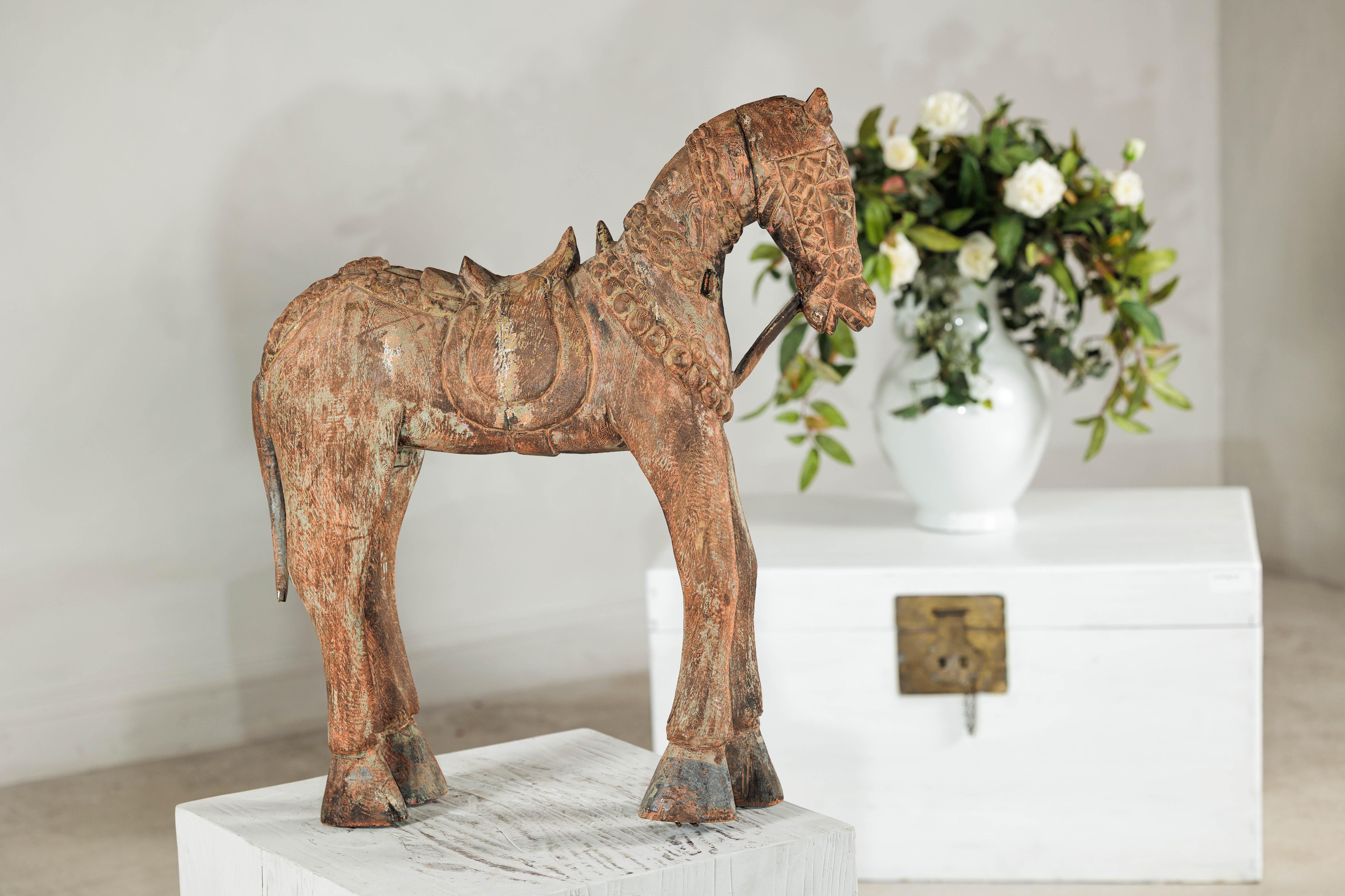 Hand-Carved Indian Painted Wood Horse Sculpture with Geometric Details For Sale 8