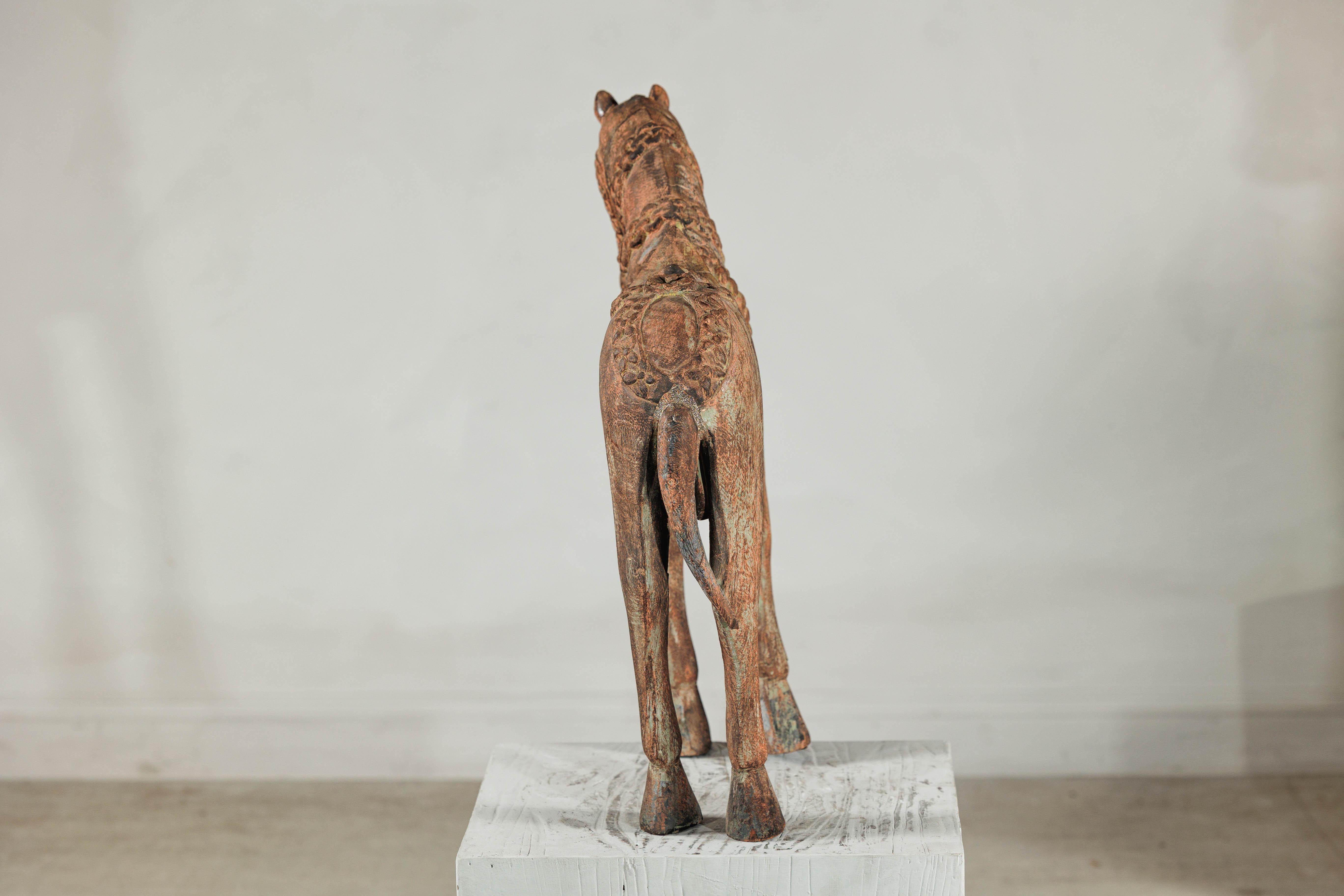 Hand-Carved Indian Painted Wood Horse Sculpture with Geometric Details For Sale 9