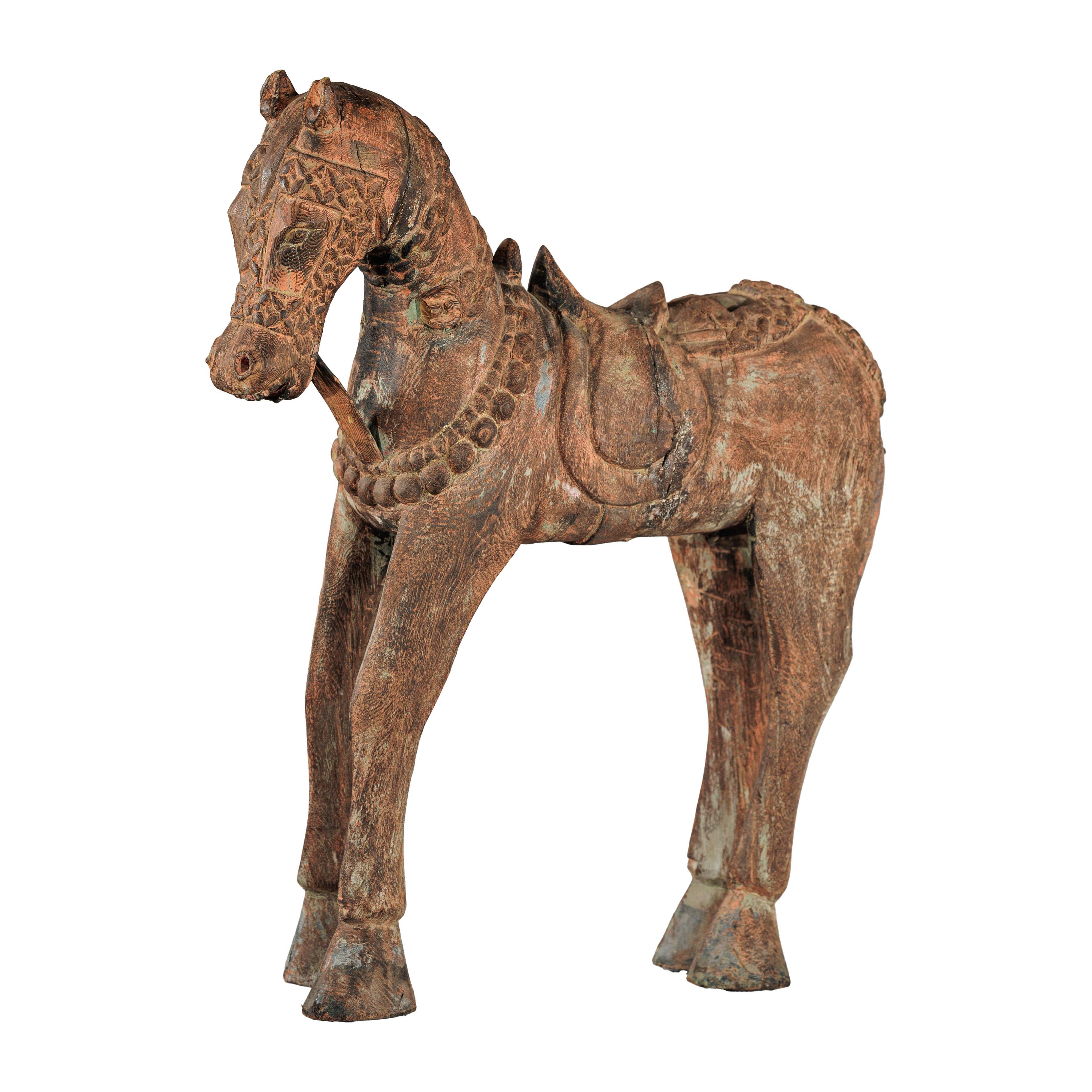 Hand-Carved Indian Painted Wood Horse Sculpture with Geometric Details For Sale 11