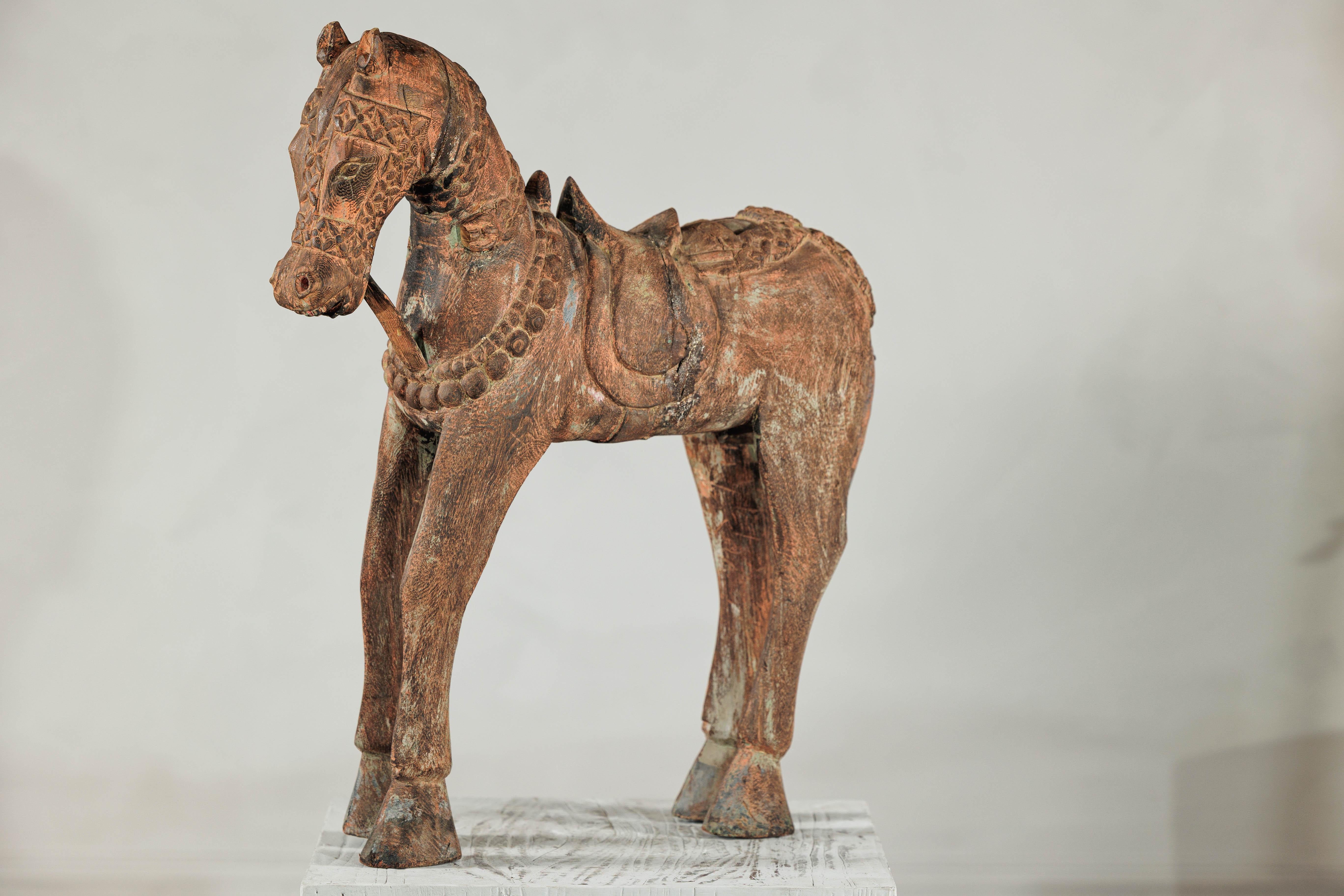 20th Century Hand-Carved Indian Painted Wood Horse Sculpture with Geometric Details For Sale