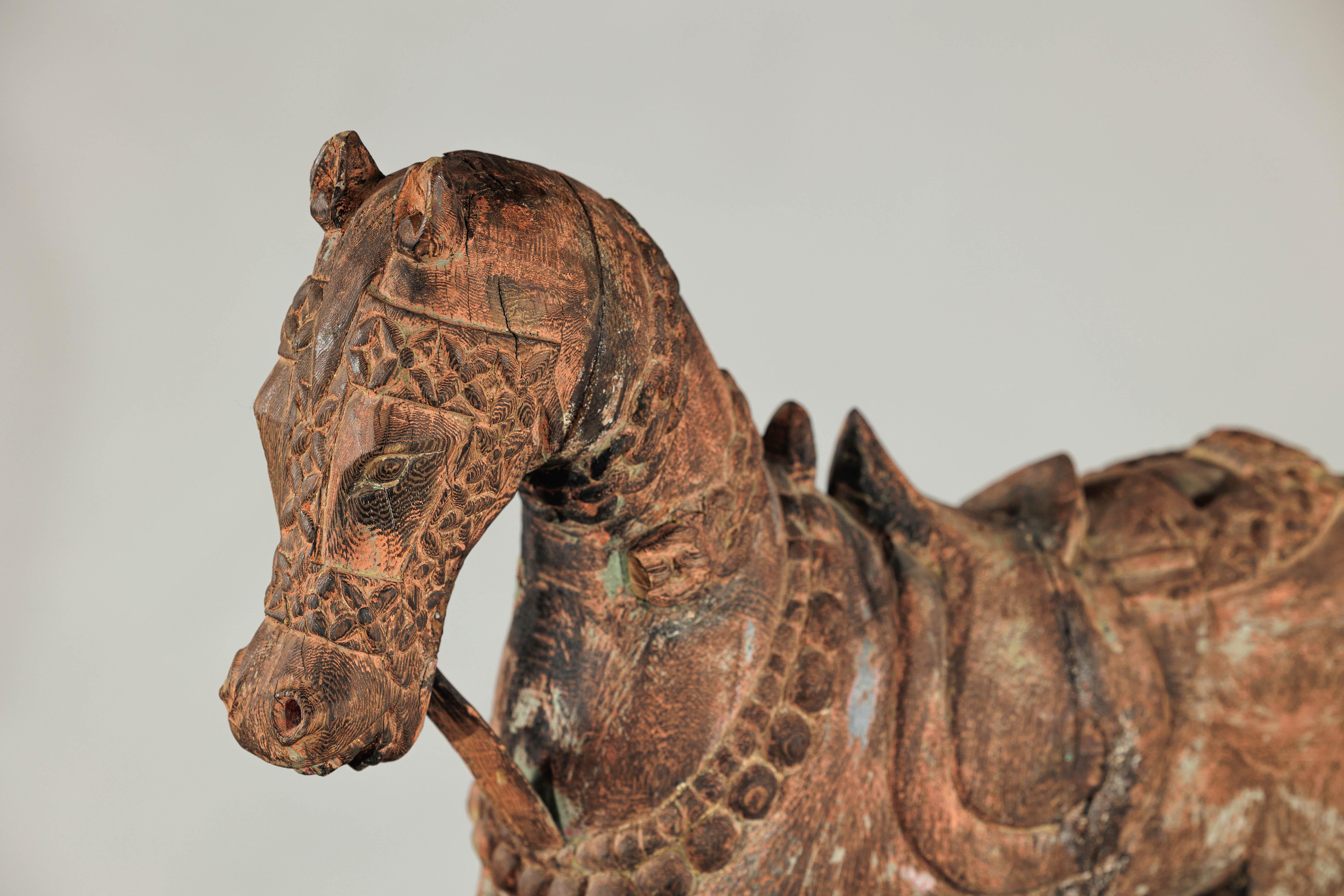 Hand-Carved Indian Painted Wood Horse Sculpture with Geometric Details For Sale 1