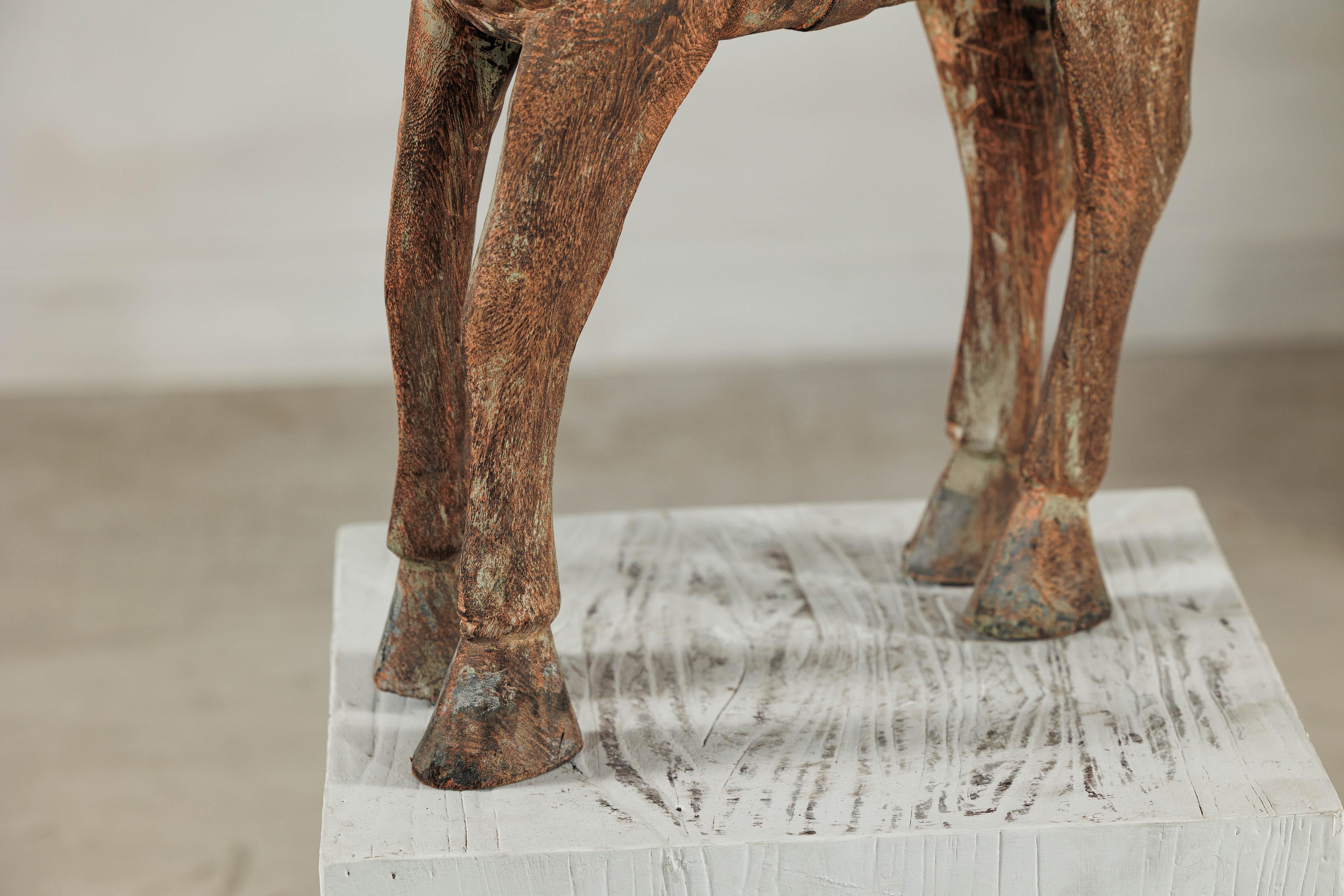 Hand-Carved Indian Painted Wood Horse Sculpture with Geometric Details For Sale 3
