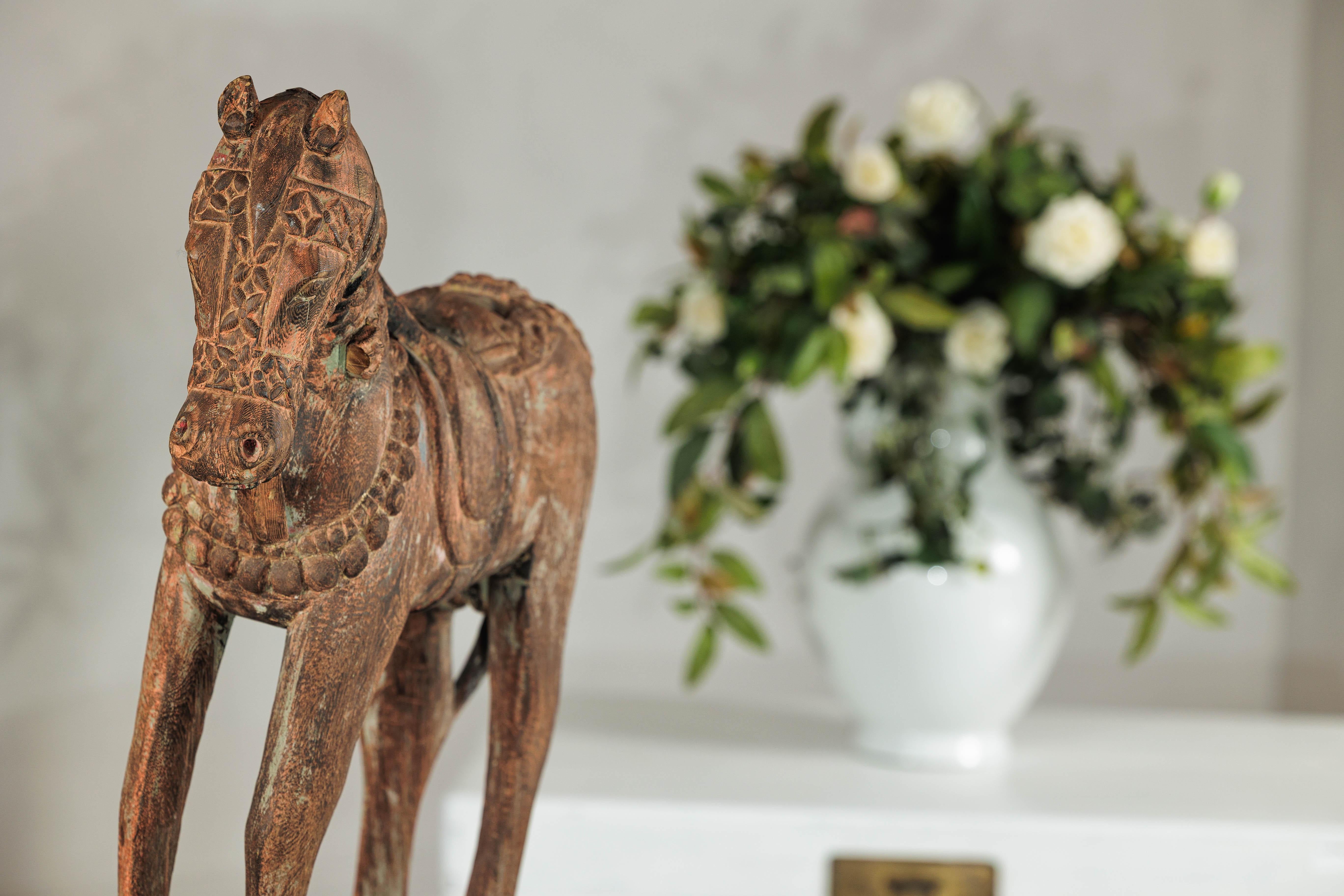 Hand-Carved Indian Painted Wood Horse Sculpture with Geometric Details For Sale 4