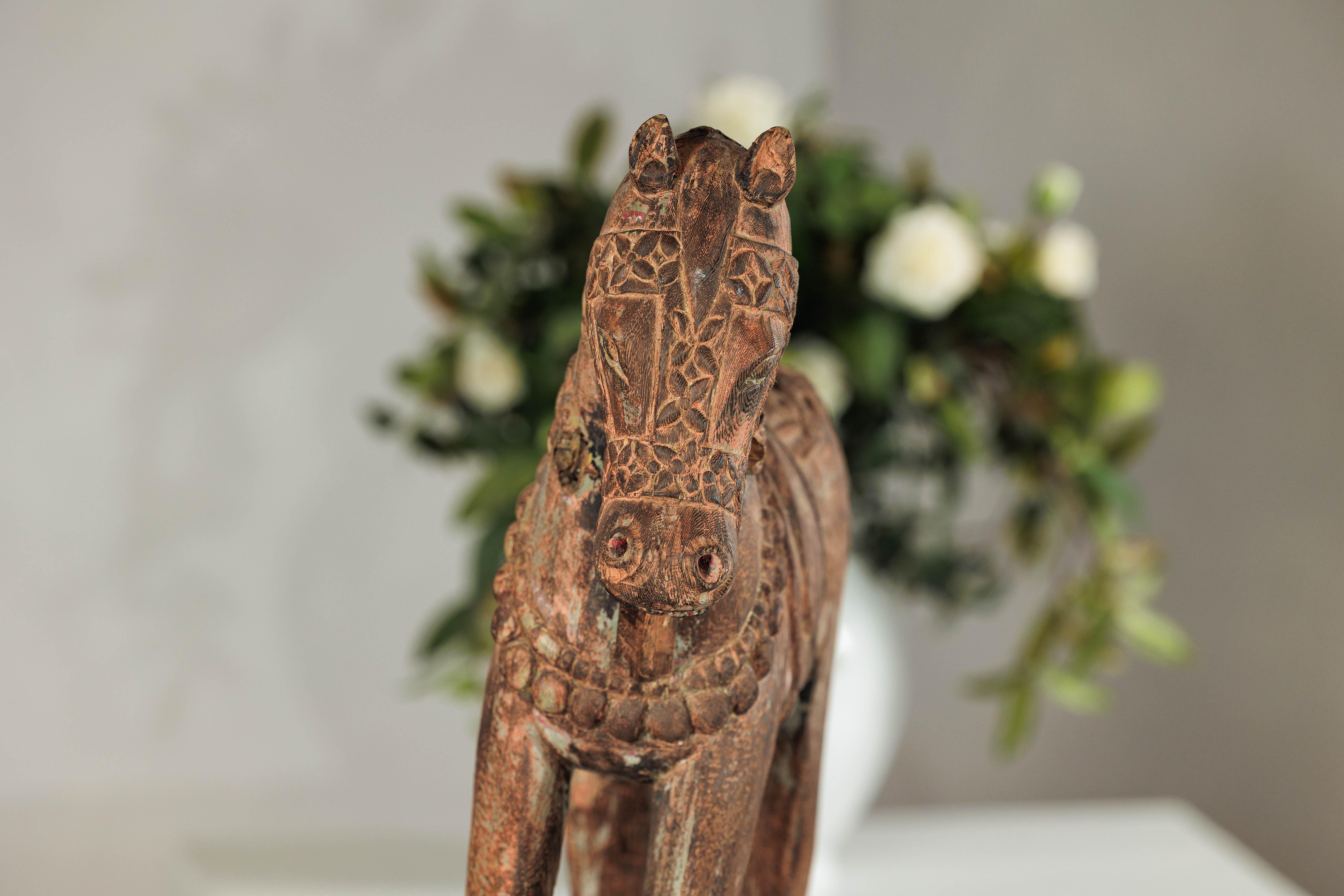 Hand-Carved Indian Painted Wood Horse Sculpture with Geometric Details For Sale 5