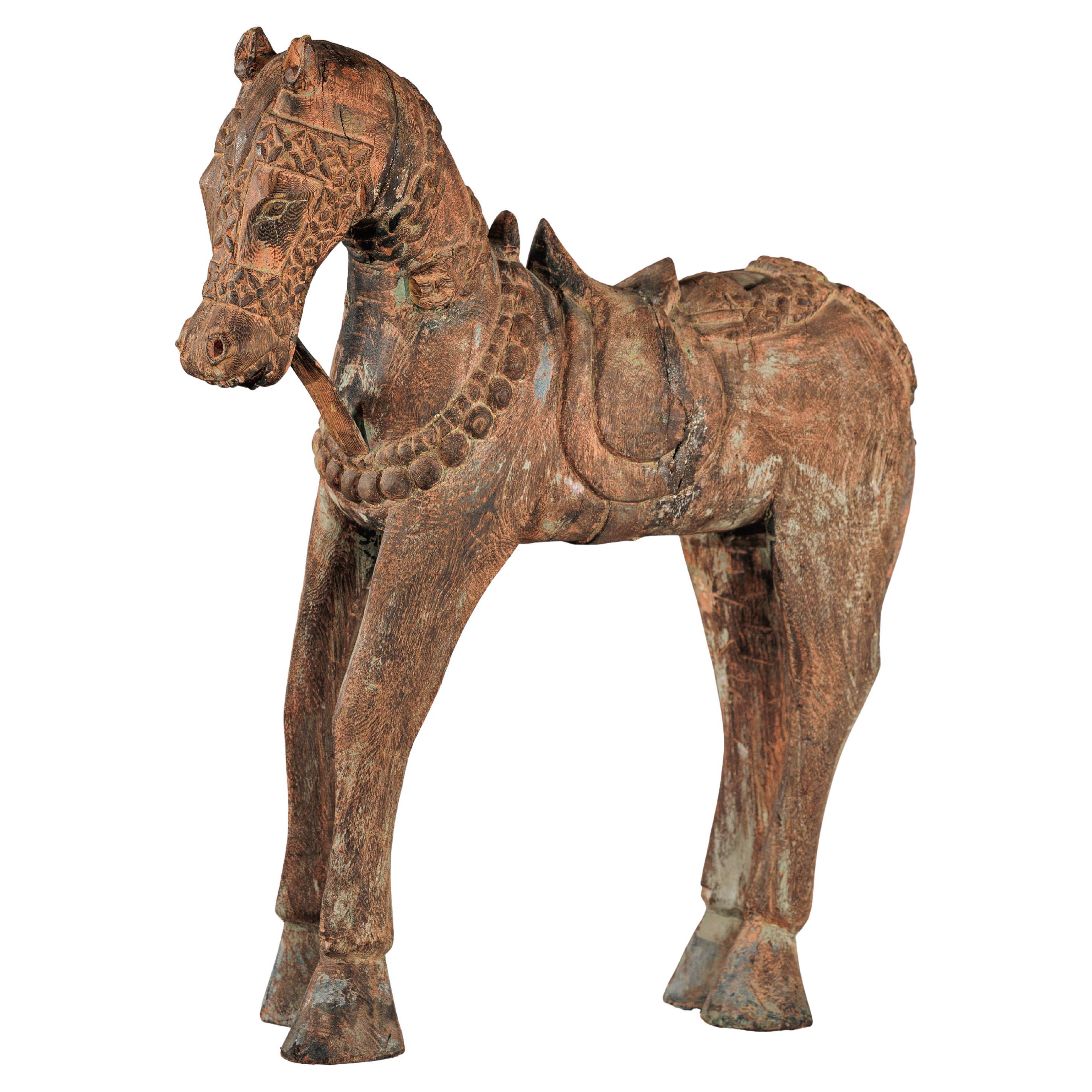 Hand-Carved Indian Painted Wood Horse Sculpture with Geometric Details For Sale