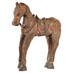 Hand-Carved Indian Painted Wood Horse Sculpture with Geometric Details