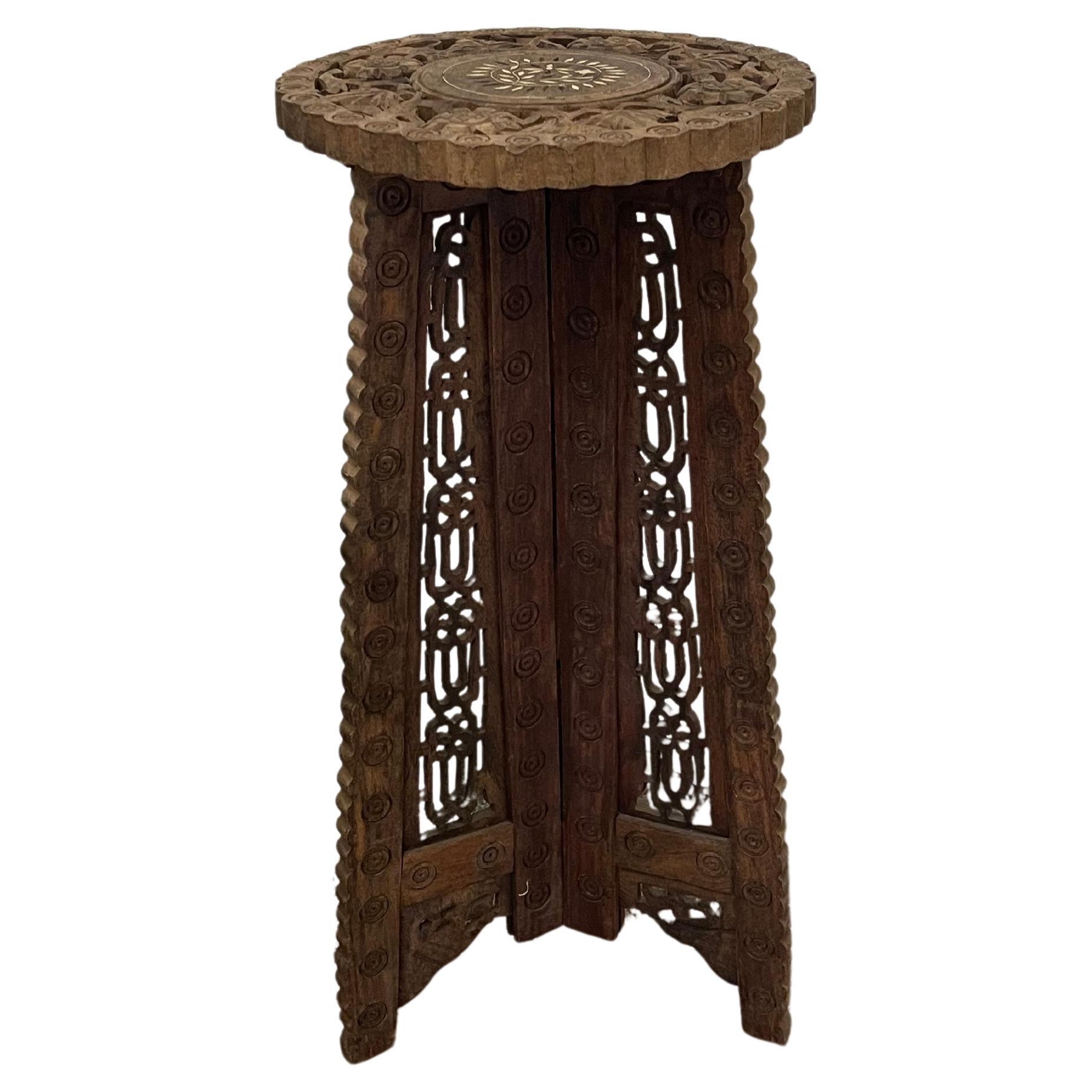 Hand Carved Indian Pedestal SideTable with Inlay, Folding Base and Removable Top