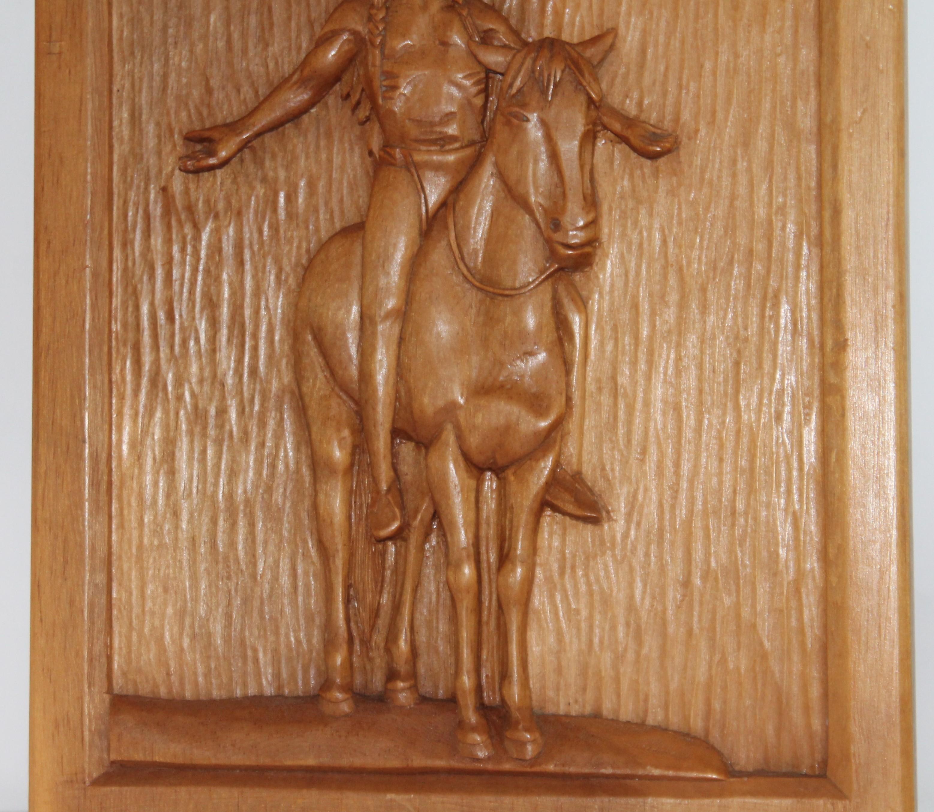 Adirondack Hand Carved Indian Rider Plaque For Sale