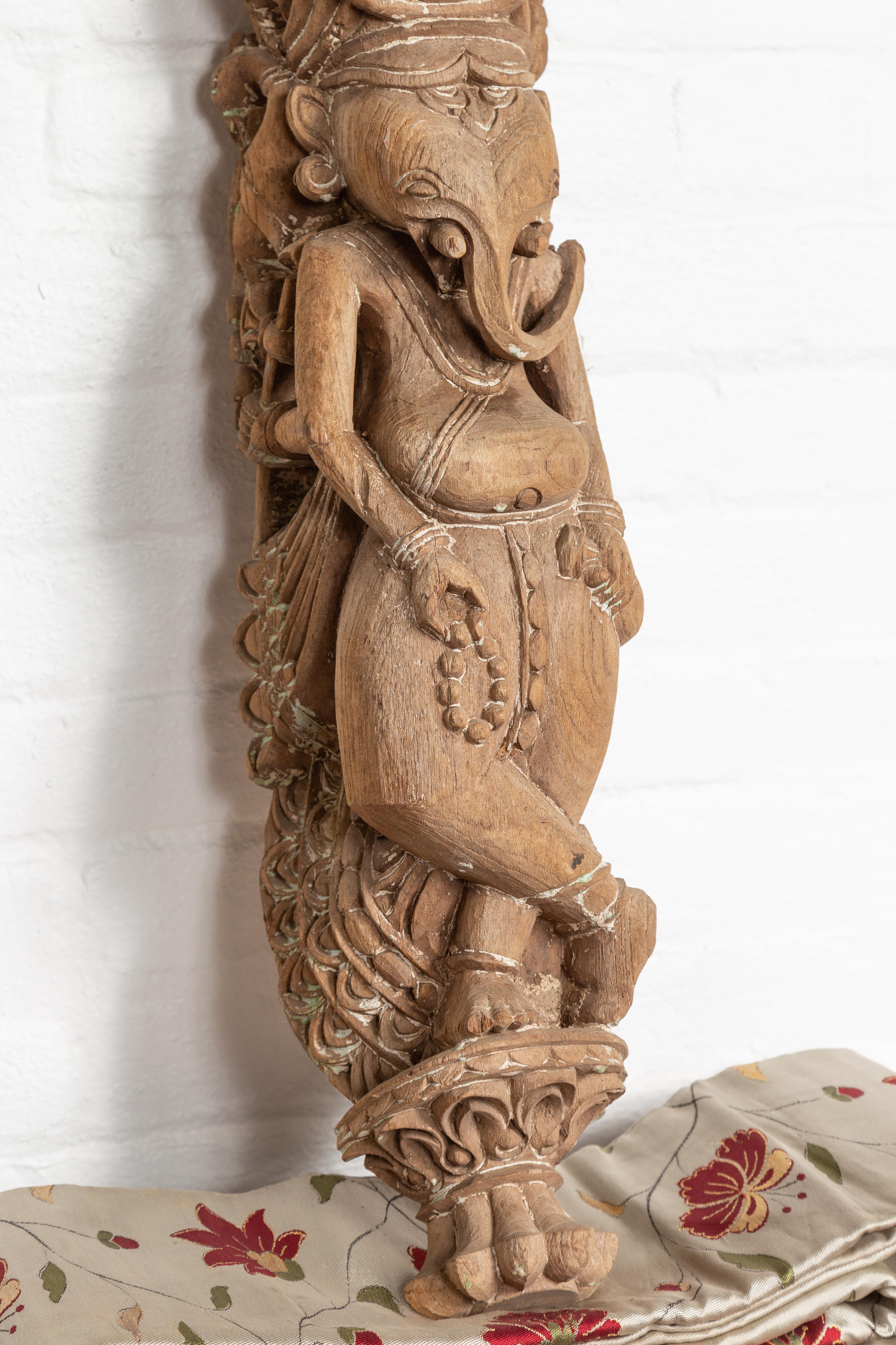 Wood Hand Carved Indian Temple Carving from Gujarat Depicting the Hindu Deity Ganesha