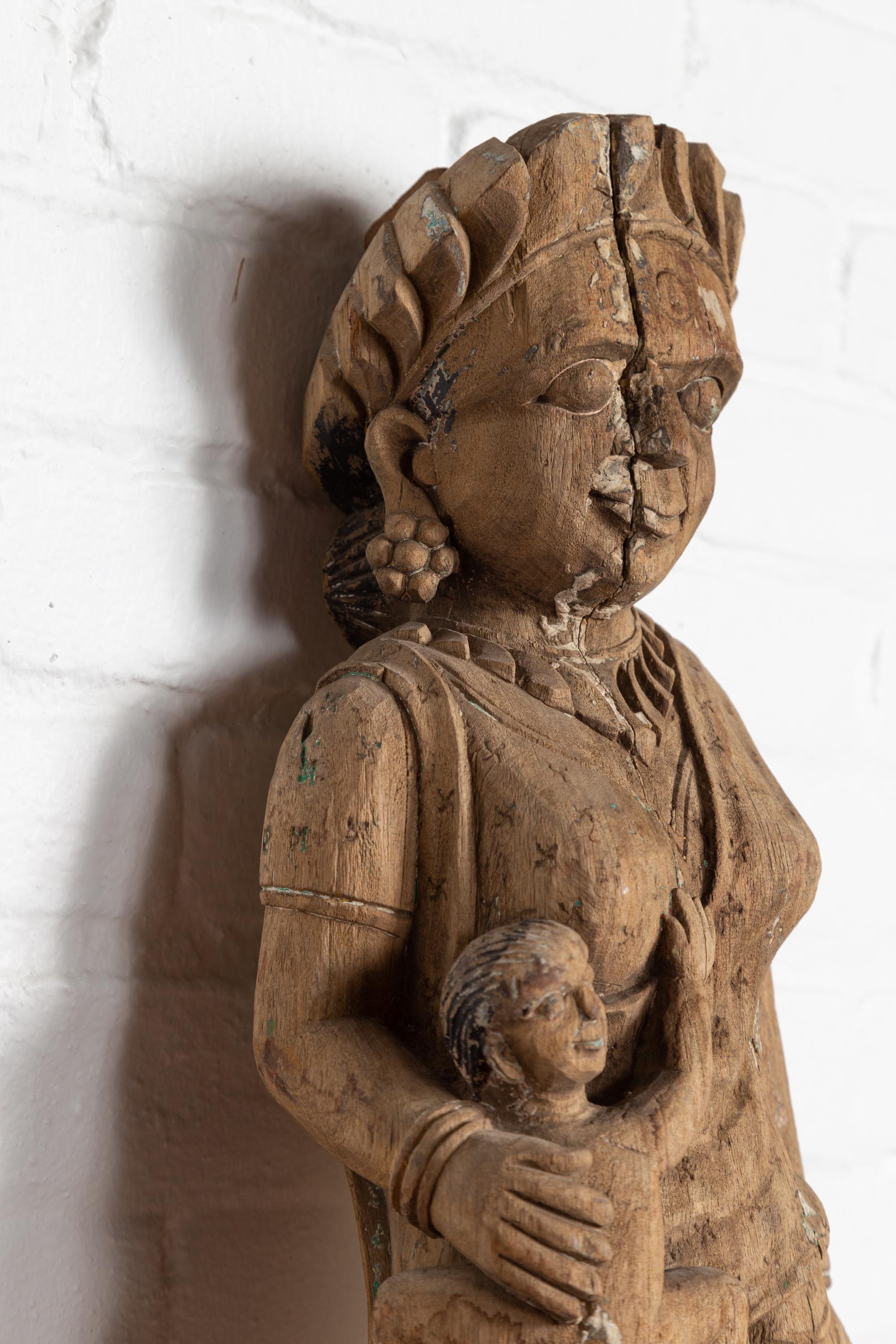 Hand Carved Indian Temple Carving Statue from Gujarat Depicting Mother and Child For Sale 1