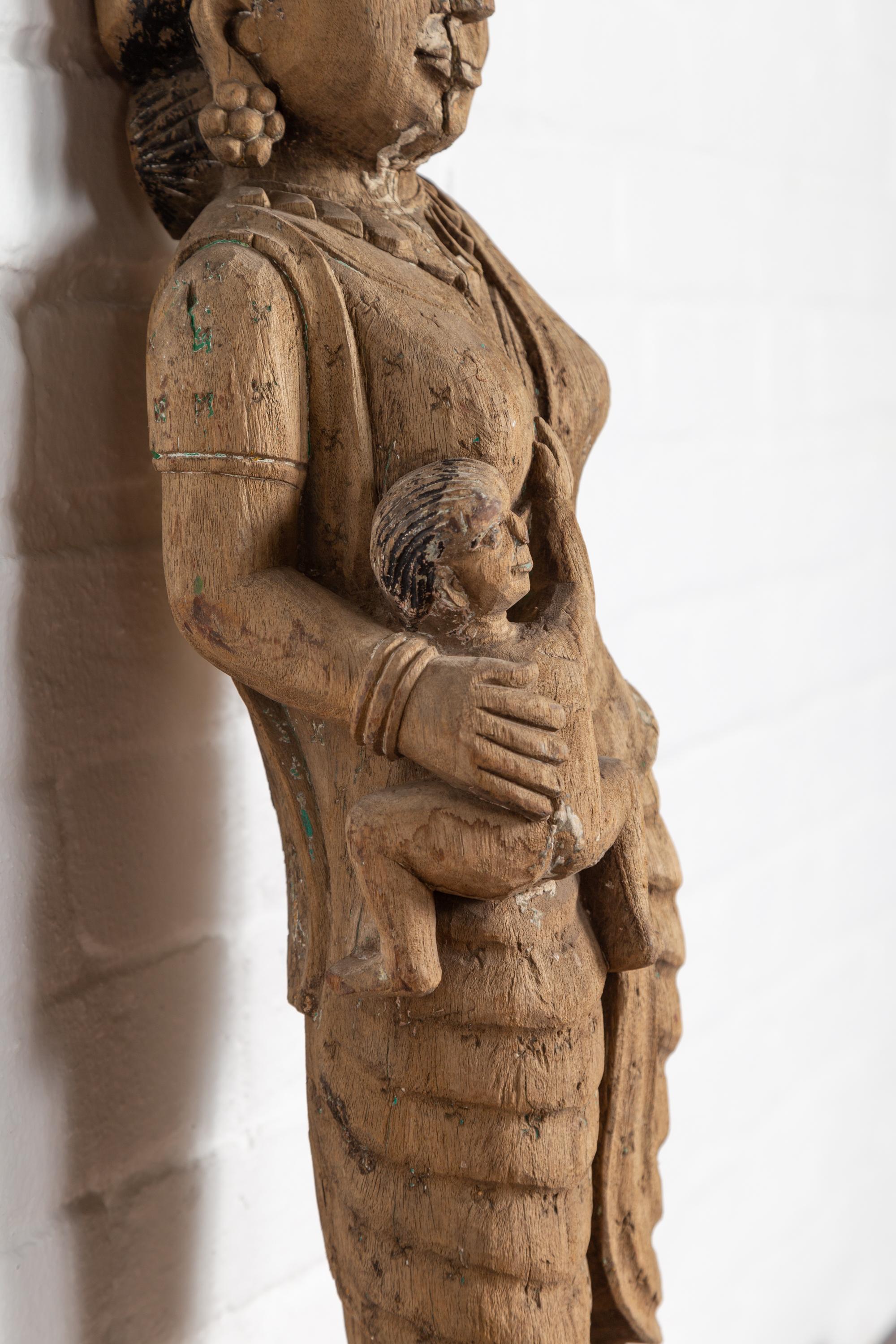 Hand Carved Indian Temple Carving Statue from Gujarat Depicting Mother and Child For Sale 2