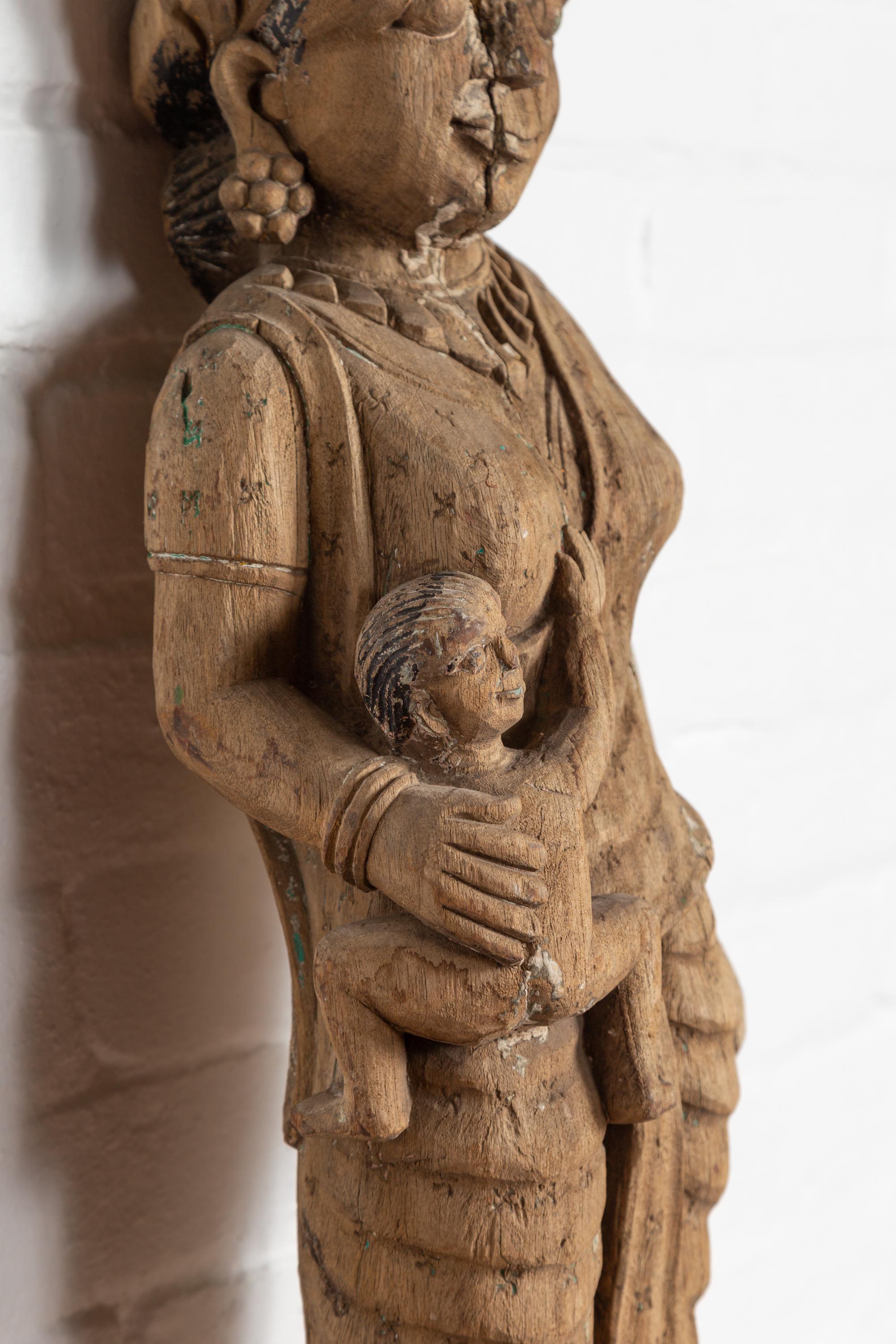 Wood Hand Carved Indian Temple Carving Statue from Gujarat Depicting Mother and Child For Sale