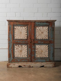 Hand-Carved Indian Wooden Cabinet with Sunburst Panels and Original Blue Paint