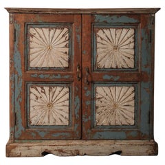 Hand-Carved Indian Wooden Cabinet with Sunburst Panels and Original Blue Paint