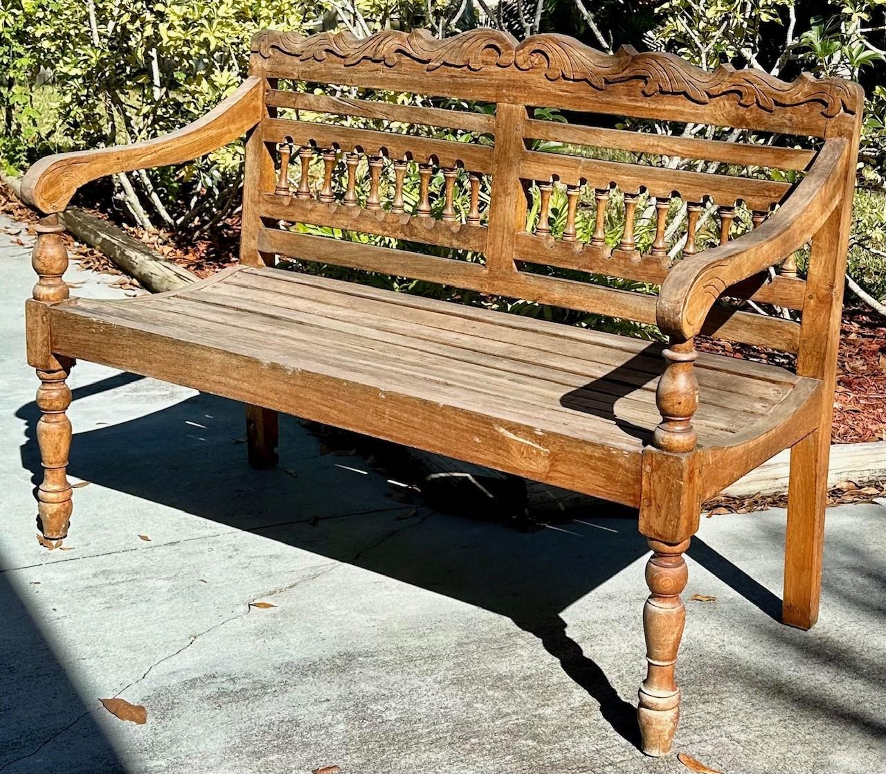 Woodwork Hand Carved Indonesian 1980s Colonial Teak Wooden Garden Bench For Sale