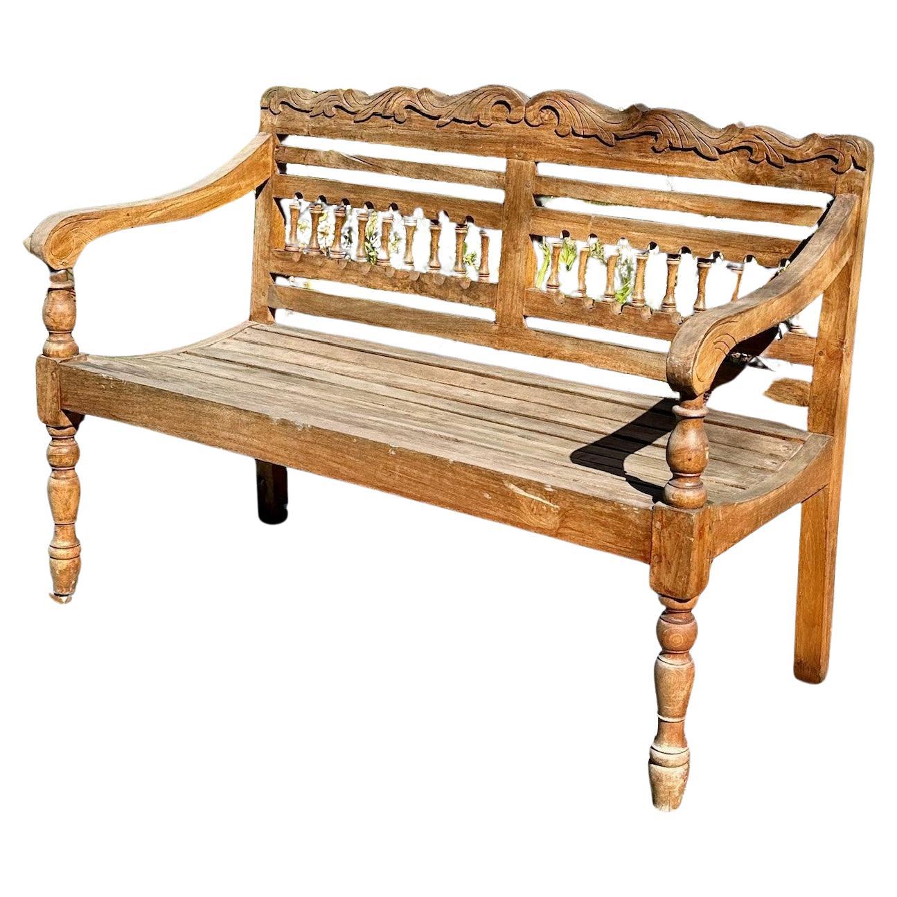 Hand Carved Indonesian 1980s Colonial Teak Wooden Garden Bench For Sale
