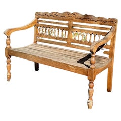 Hand Carved Indonesian 1980s Colonial Teak Wooden Garden Bench