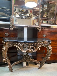 Hand-Carved Indonesian Bronze Console Table w/ Dark Top