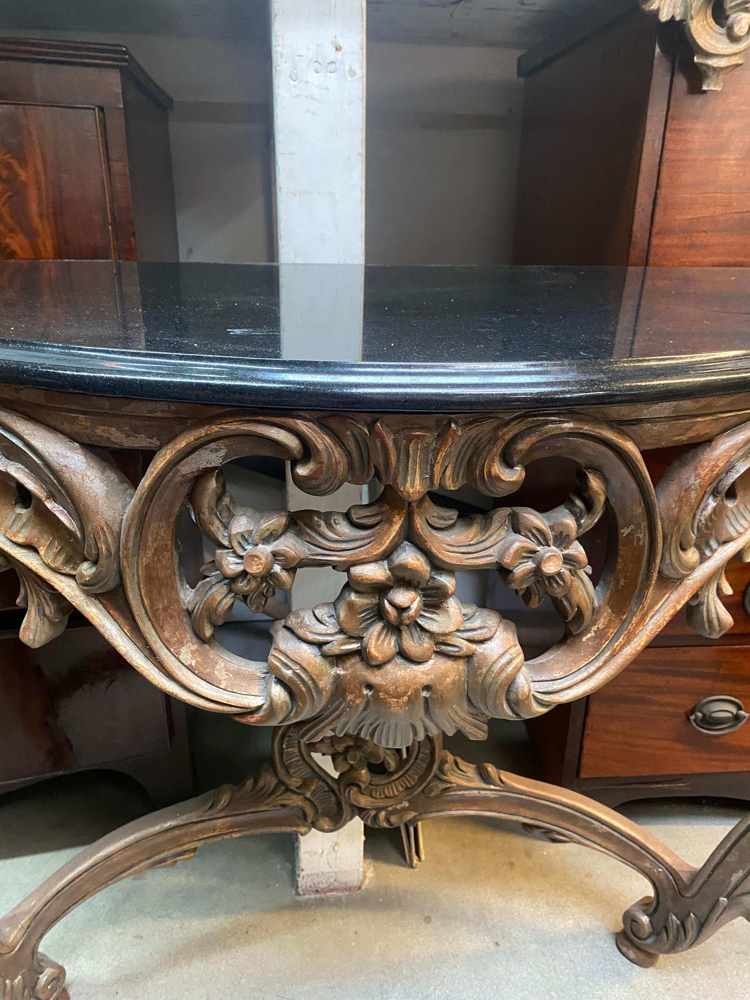 French Hand-Carved Indonesian Bronze Console Table w/ Dark Top For Sale