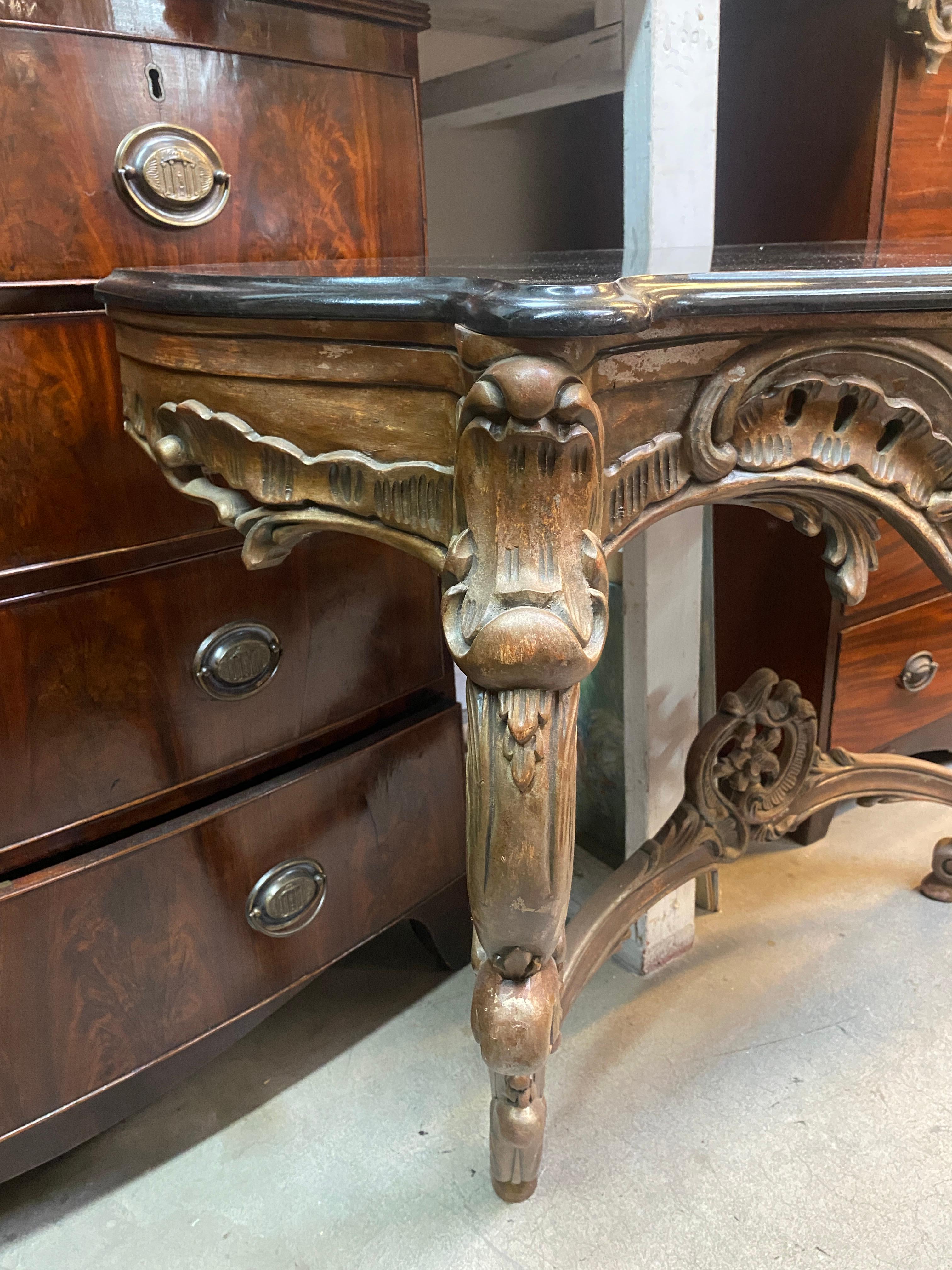 Hand-Carved Indonesian Bronze Console Table w/ Dark Top In Excellent Condition For Sale In Los Angeles, CA