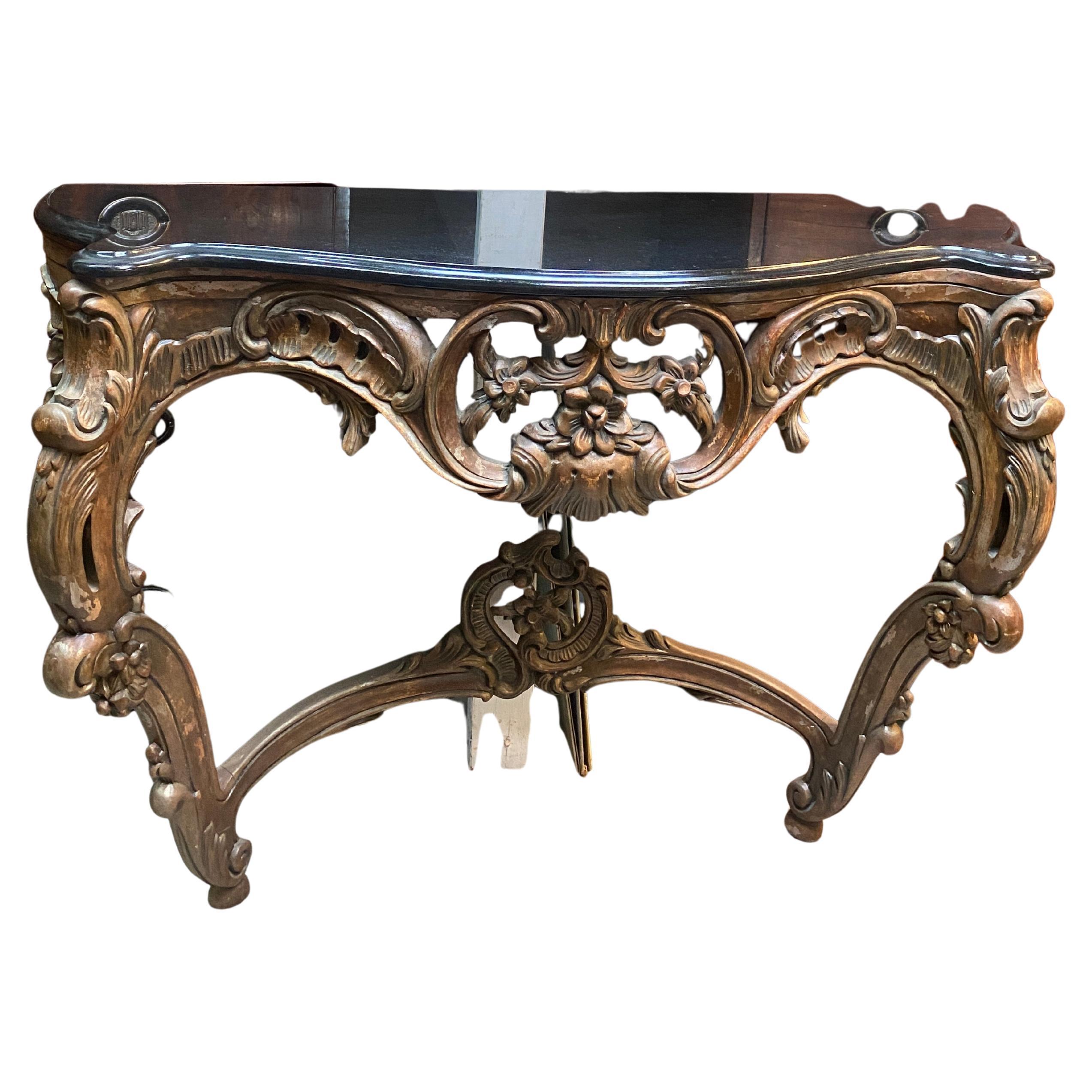 Hand-Carved Indonesian Bronze Console Table w/ Dark Top For Sale