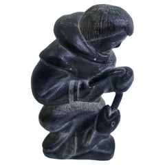 Hand Carved Inuit Folk Art Soapstone Figure of  a Man with a Fish C1975
