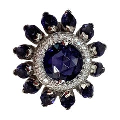 Antique Hand Carved Iolite and Pave Diamond Handcrafted Free Flowing Petal Ring