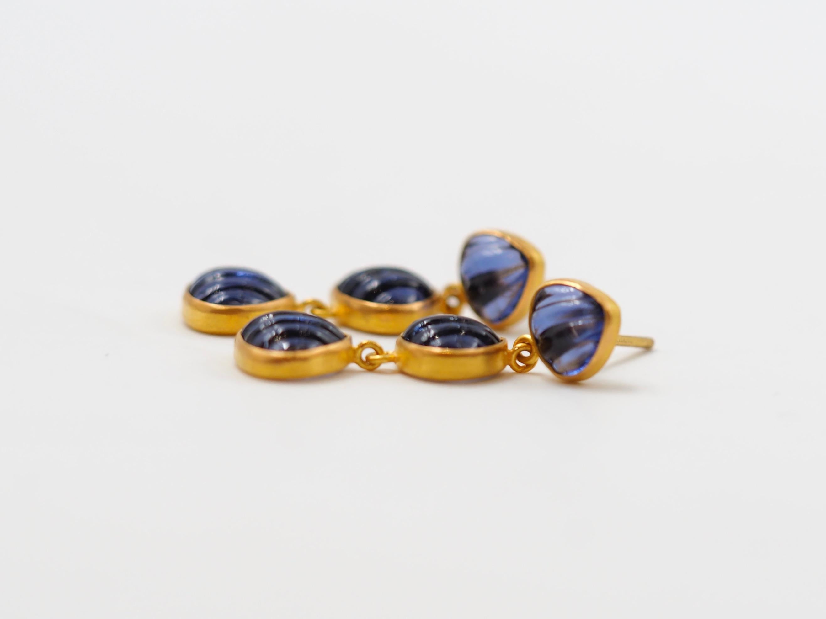 Tumbled Hand Carved Iolite Shell 22 Karat Gold Push Earrings For Sale