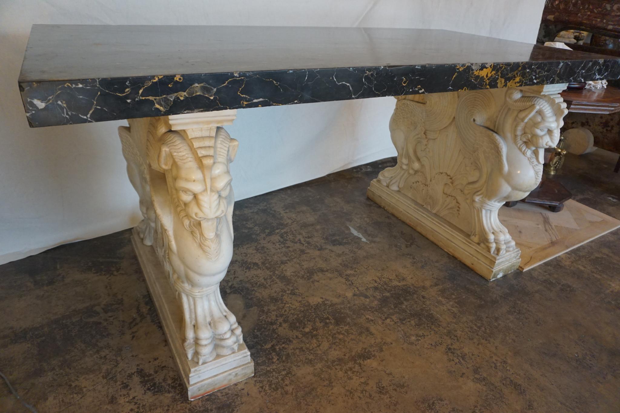 Hand-Carved, Italian Black Marble Foyer Table on a White Carrera Marble Base For Sale 1