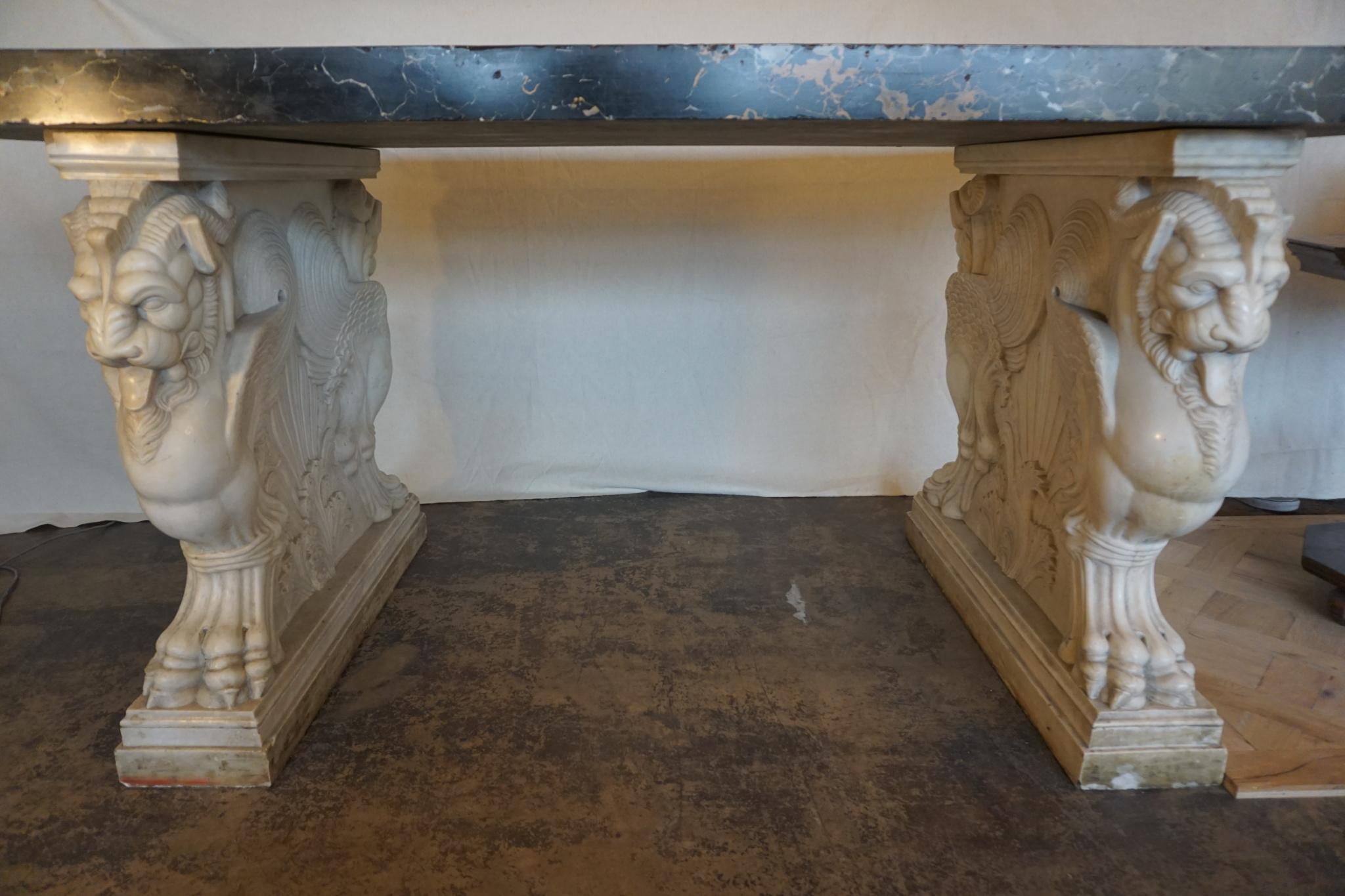 Hand-Carved, Italian Black Marble Foyer Table on a White Carrera Marble Base For Sale 2