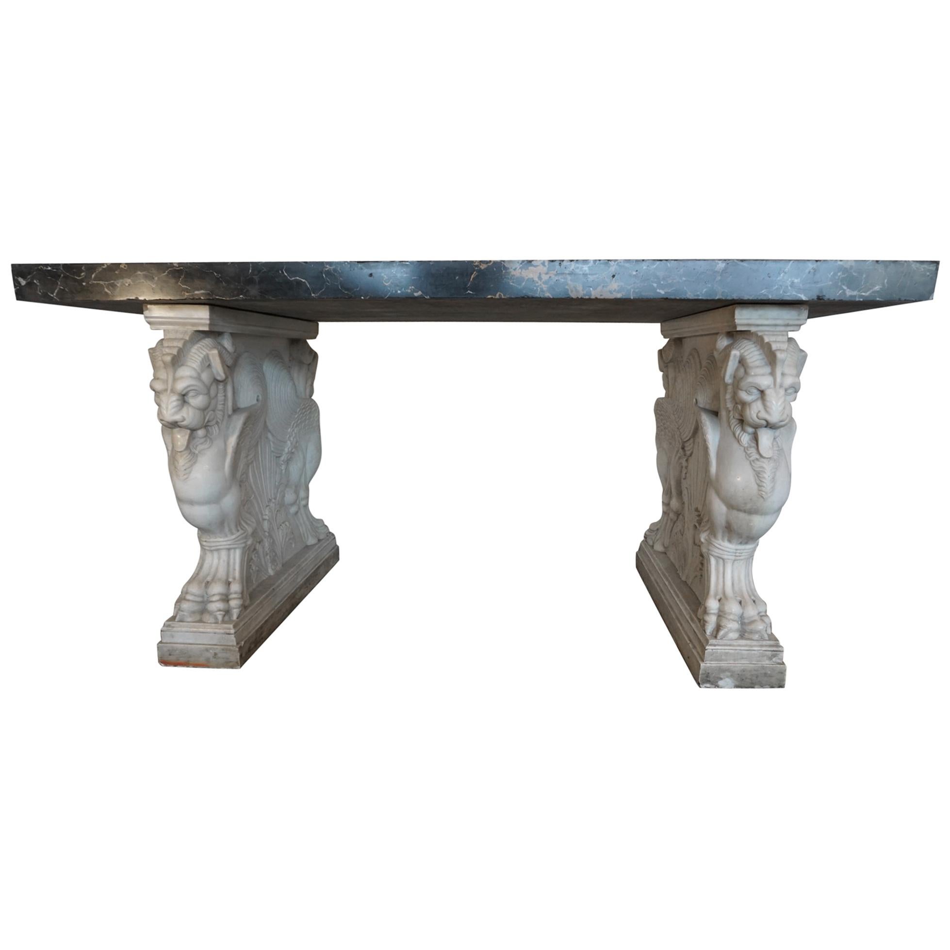 Hand-Carved, Italian Black Marble Foyer Table on a White Carrera Marble Base For Sale