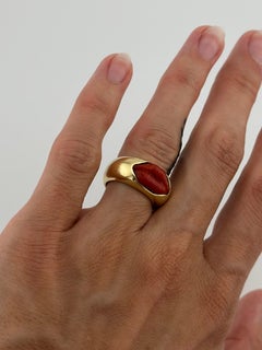Hand Carved Italian Coral Lips 18Karat Gold Dome Ring