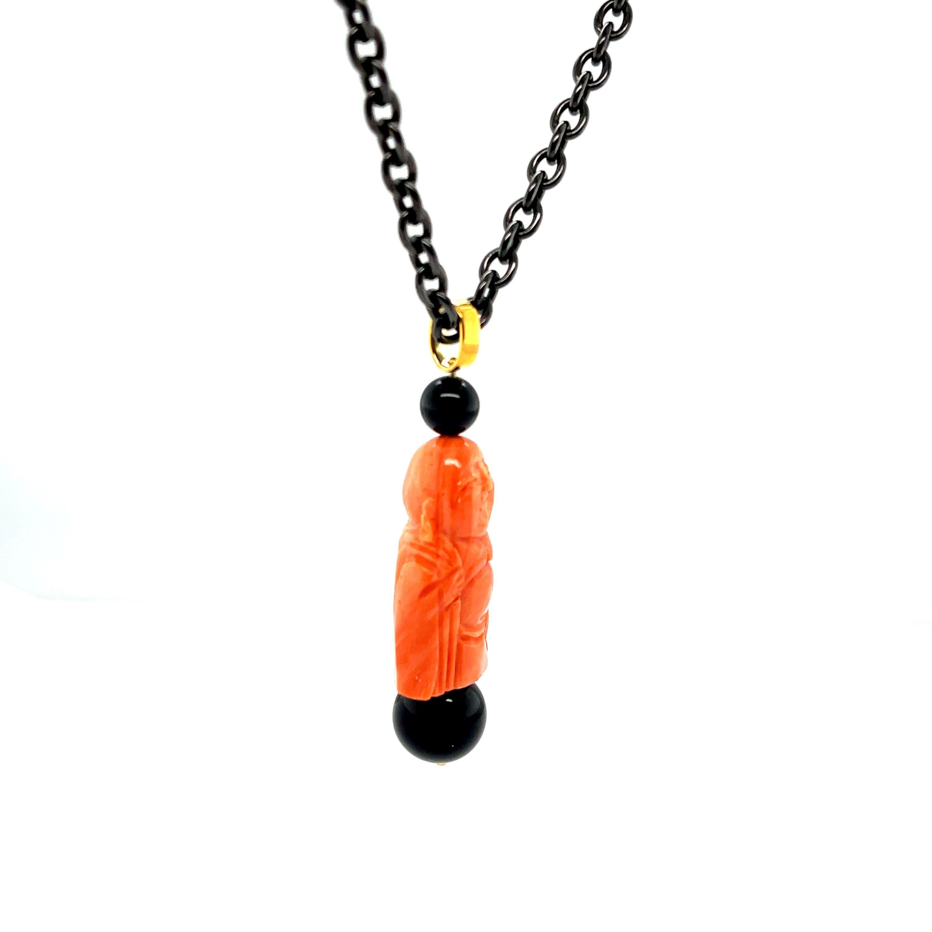 Artisan Hand Carved Italian Coral and Onyx Pendant in Gold with Blackened Steel Chain For Sale