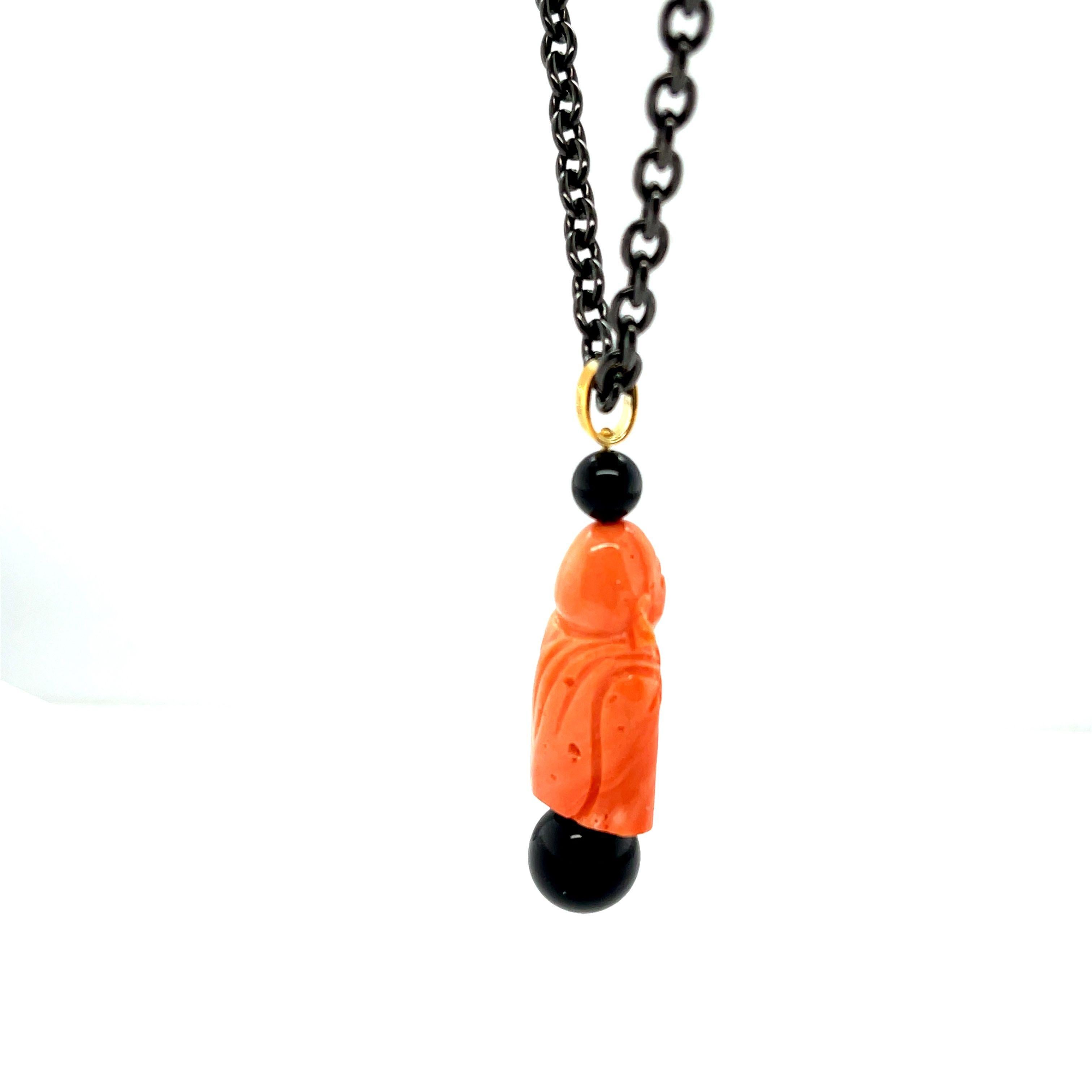 Uncut Hand Carved Italian Coral and Onyx Pendant in Gold with Blackened Steel Chain For Sale