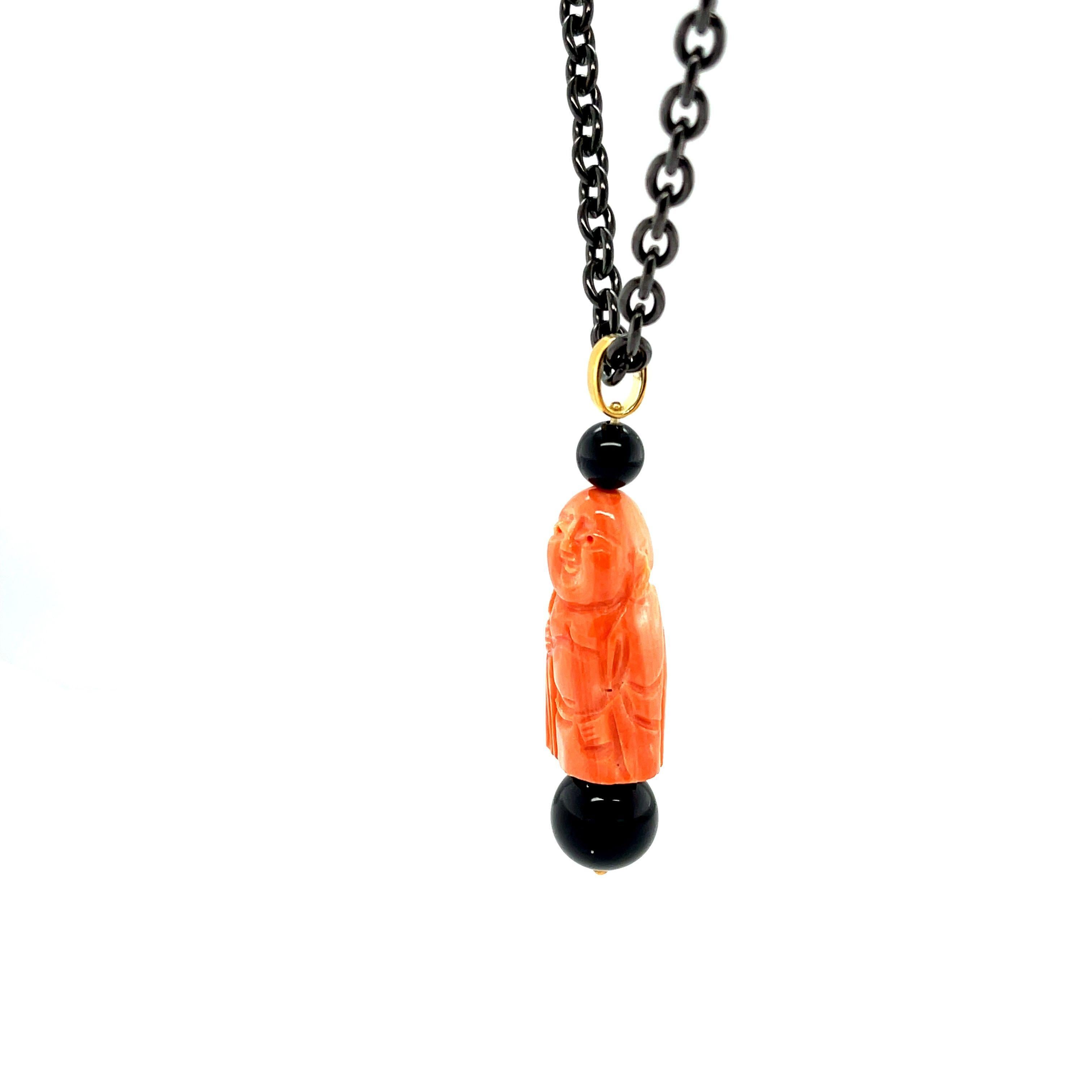Hand Carved Italian Coral and Onyx Pendant in Gold with Blackened Steel Chain In New Condition For Sale In Los Angeles, CA
