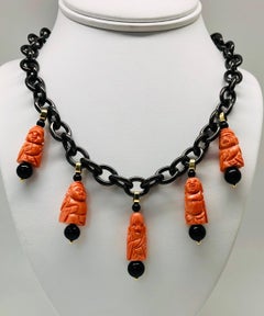 Italian Coral Carving and Onyx Charm Necklace in Gold with Blackened Steel