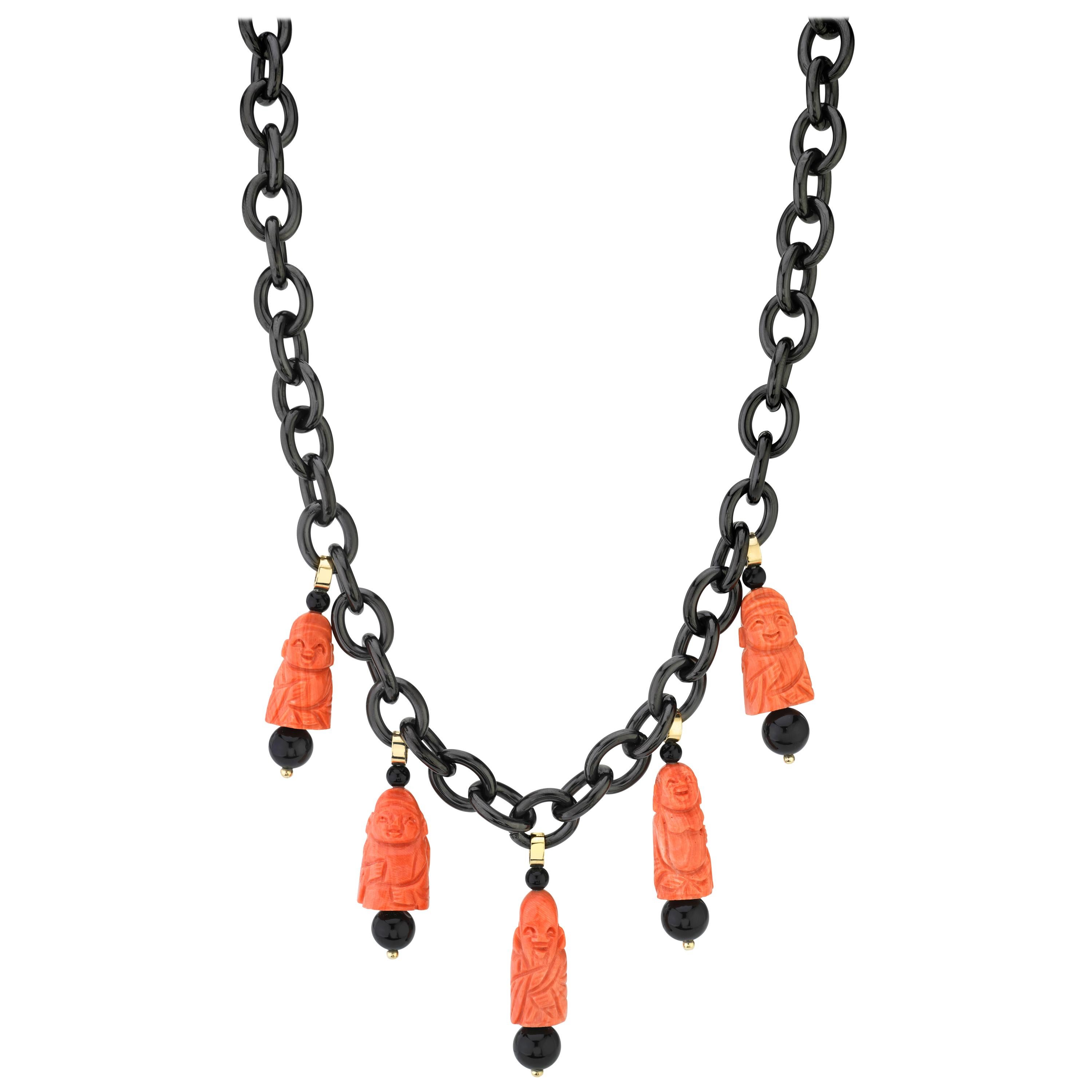 Italian Coral Carving and Onyx Charm Necklace in Gold with Blackened Steel For Sale