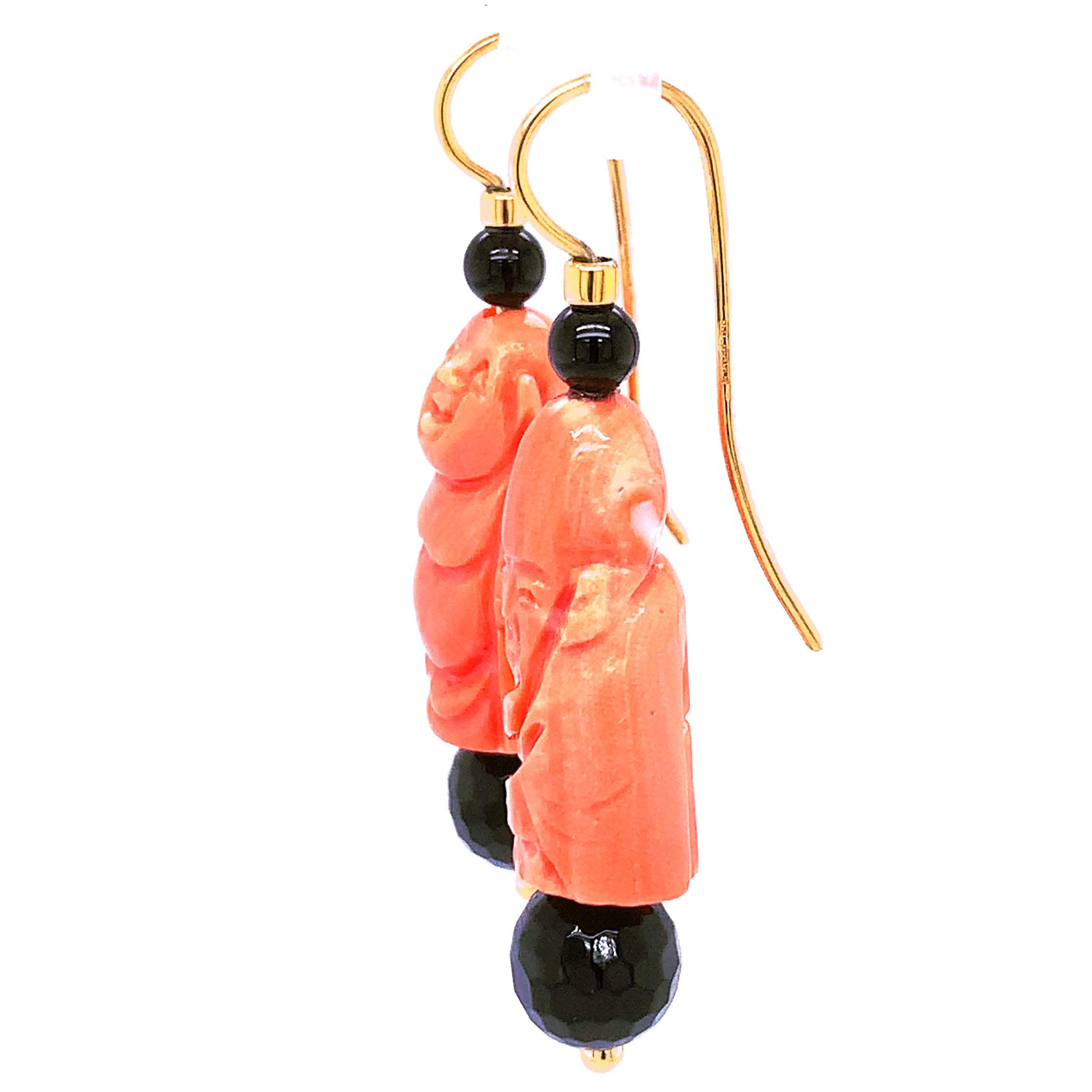Bead  Italian Carved Coral and Onyx Dangle Earrings in Yellow Gold with French Wires For Sale