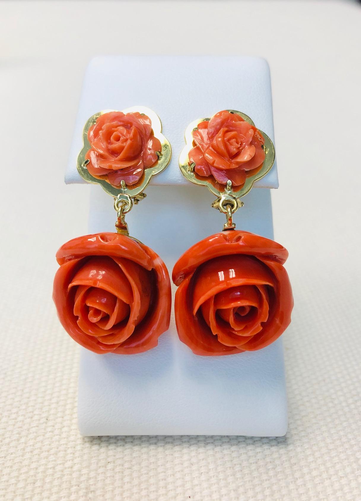 coral rose earrings gold