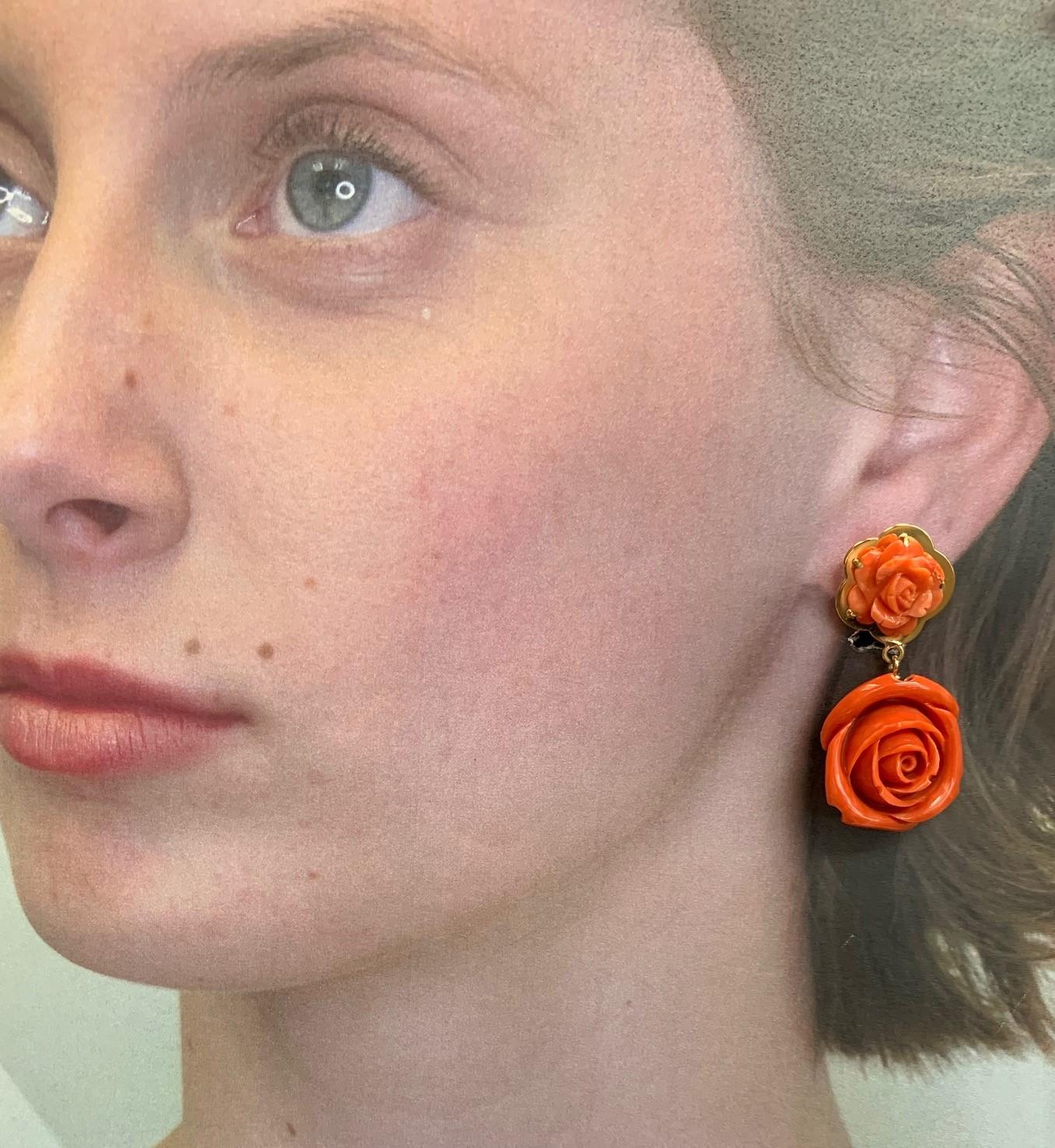 Artisan Hand Carved Italian Coral Rose, Yellow Gold French Clip Drop Dangle Earrings