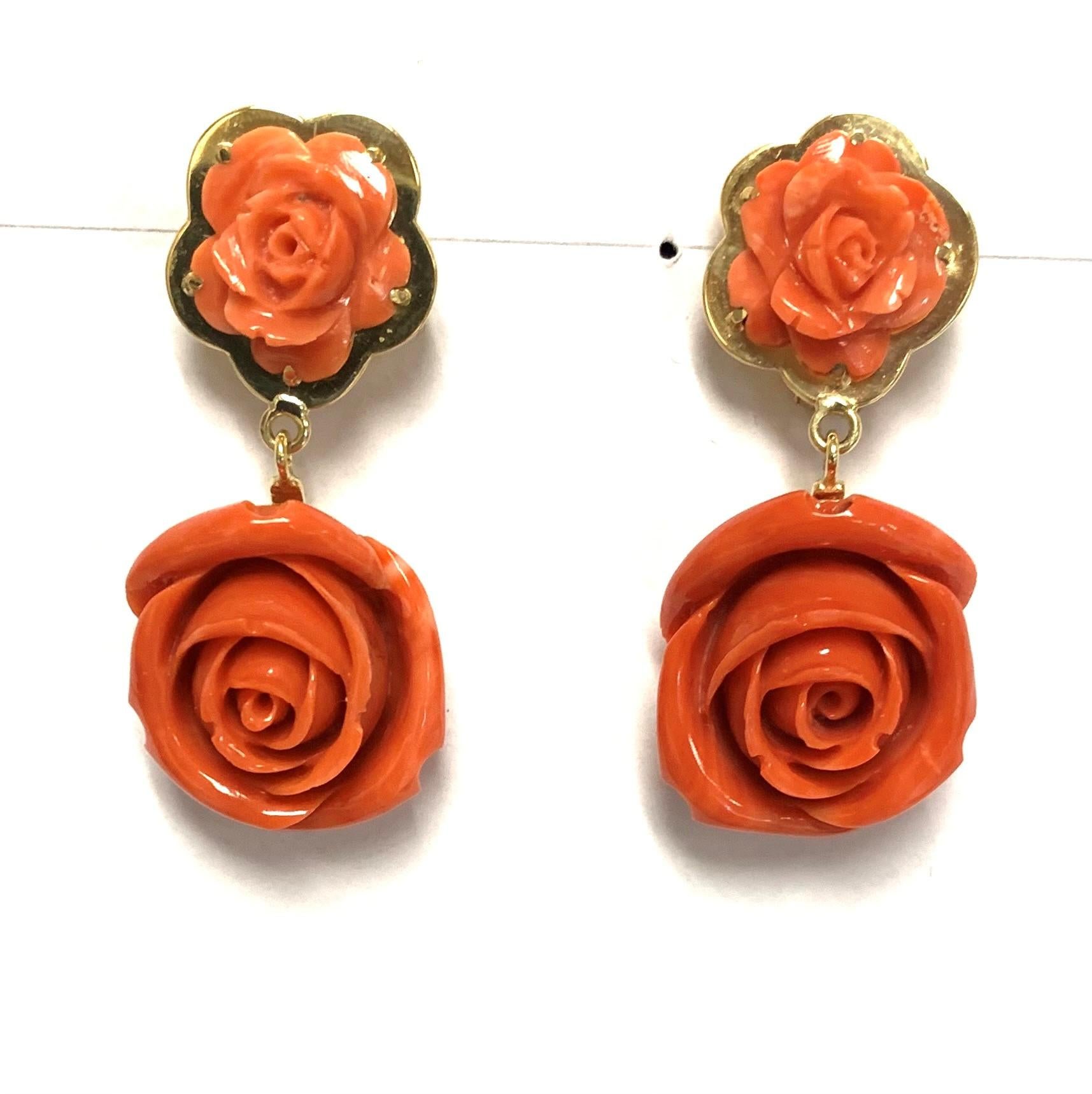 Rose Cut Hand Carved Italian Coral Rose, Yellow Gold French Clip Drop Dangle Earrings